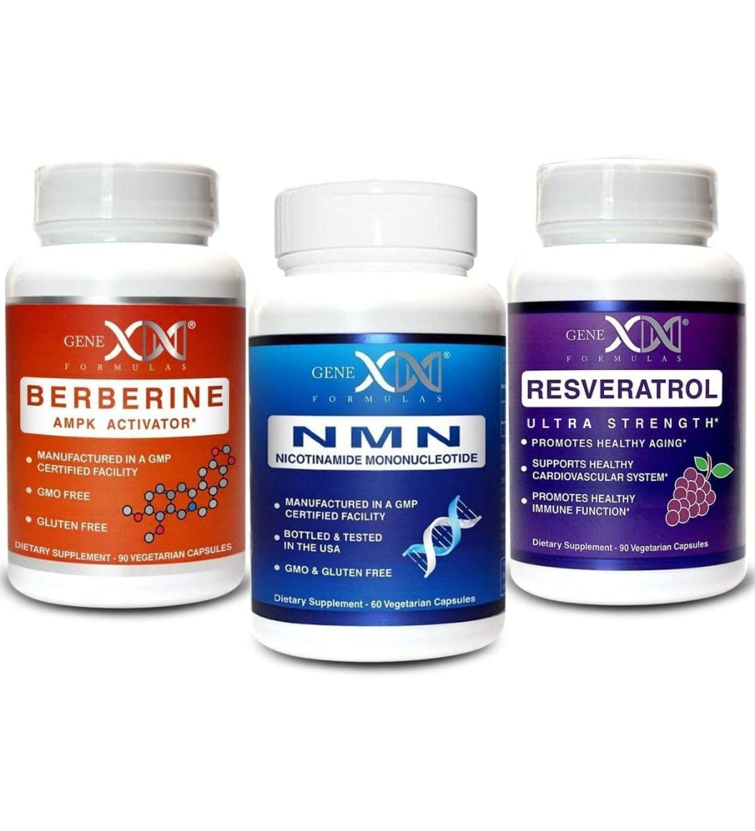 GENEX NMN Resveratrol and Berberine Power Pack Supplements | 250mg Nicotinamide Mononucleotide (NMN) Ultra Strength 500mg Resveratrol & AMPK Activator Berberine 500mg for Healthy Aging (3 Bottles) - Buy Online on GoSupps.com