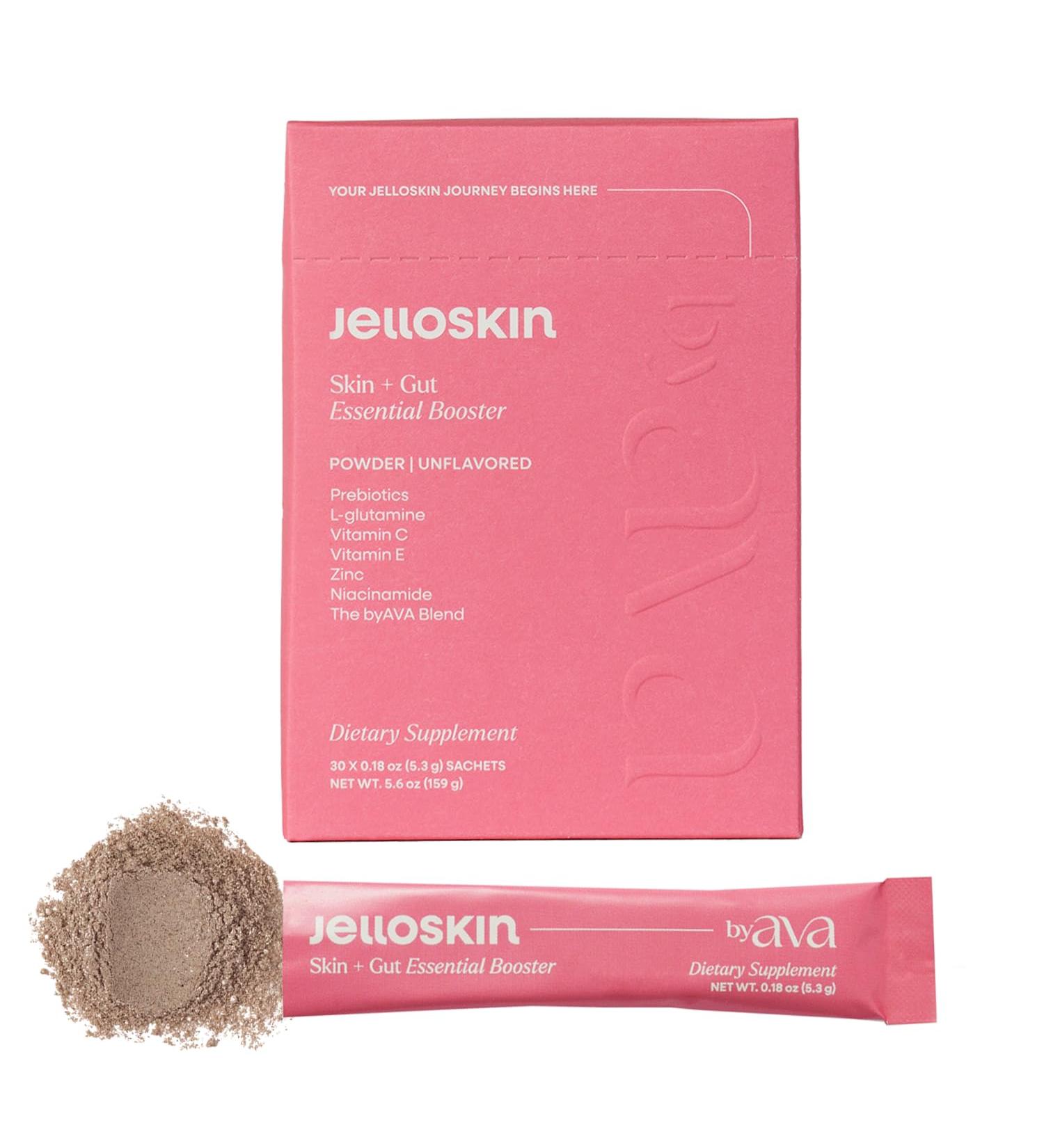 byAVA Jelloskin Skin + Gut Essential Prebiotic Booster Powder | L-Glutamine 1500mg, Vitamin C, Zinc, Niacinamide | 30 Servings | Glowing Skin, Gut Health Support | Antioxidants Camu Camu & Spirulina - Buy Online on GoSupps.com