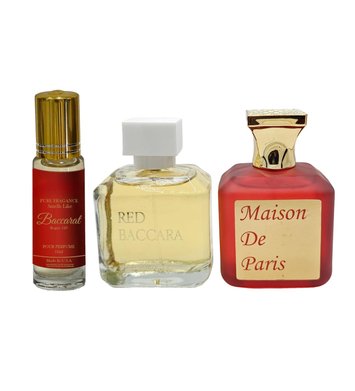 Maison De Paris Extrait De Parfum 3.4oz + Red Baccara 3.4oz + Bacarrat Rogue 540 Roll On Body Oil unisex (12ml) (Pack of 3) (inspired by BACARRAT ROGUE 540) - Buy Online on GoSupps.com
