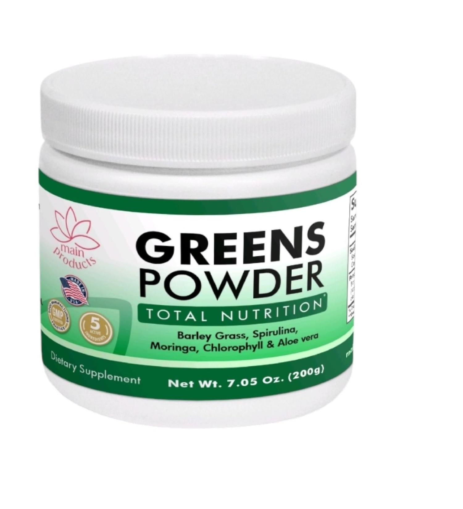Main Products Greens Powder Total Nutrition Net Wt 7.05 Oz (200g) Barley Grass Spirulina Moringa Chlorophyll and Aloe Vera.