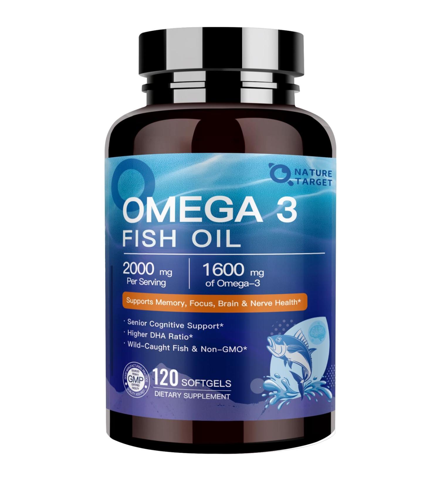 NATURE TARGET Omega 3 Fish Oil 1600mg High-Purity Omega 3 EPA DHA with PS & CoQ10 Fish Oil Supplements for Heart Health Brain Function & Memory Advanced Absorption Non-GMO 120 Softgels 120 Count (Pack of 1) - Buy Online on GoSupps.com