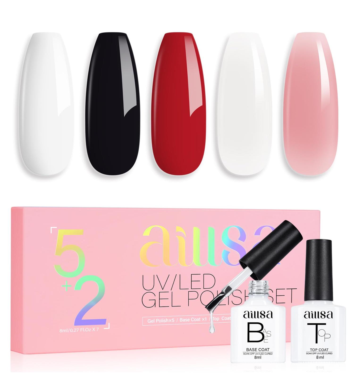 AILLSA Nude Gel Nail Polish Set Jelly Pink Milky White Black Red Gel Polish with Base and Top Coat Classic Popular Color All Season Soak Off U V L ED Manicure Art Salon DIY at Home 7Pcs 8ML Black White - Buy Online on GoSupps.com