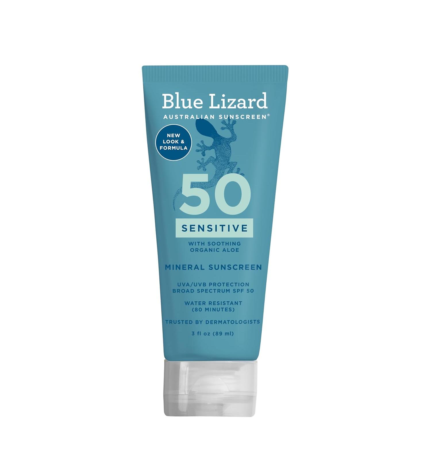 Blue Lizard Sensitive Mineral Sunscreen SPF 50+ 3 oz Tube | Water Resistant UVA/UVB Protection with Smart Cap Technology - Buy Online on GoSupps.com