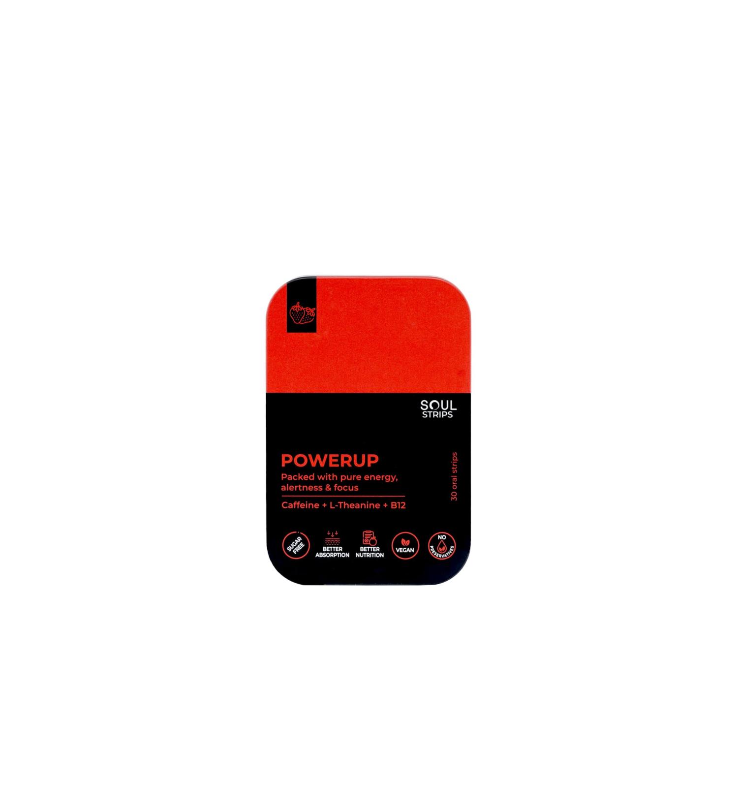 Soul Strips Power Up - Workout + Energy Oral Strips with Caffeine L-Theanine Vitamin B12 Strawberry Flavor Enhances Metabolism Quick Absorb Daily Use Zero Sugar Vegan 30 strips pack