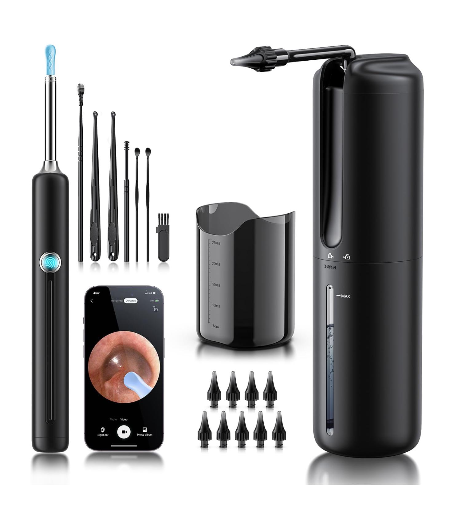 Lebbtl Ear Wax Removal - Electric Ear Irrigation Flushing System Ear Cleaner with Camera 1080P Otoscope Ear Cleaning Tool with 7 Pcs Ear Set Safe and Effective Earwax Removal Kit Black - Buy Online on GoSupps.com