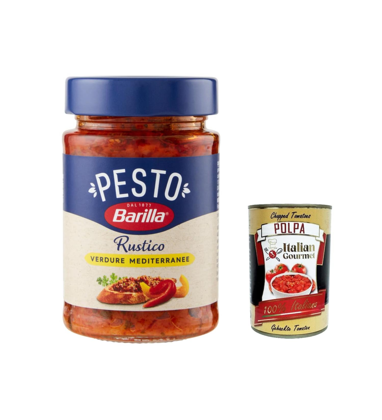  Italian Gourmet E.R. Barilla Pesto Rustico Mediterraneo 12-pack of gluten-free Italian pasta sauces with zucchini peppers and tomatoes vegan/vegetarian pesto for bread and bruschetta 200g + gourmet Italian polpa - Buy Online on GoSupps.com