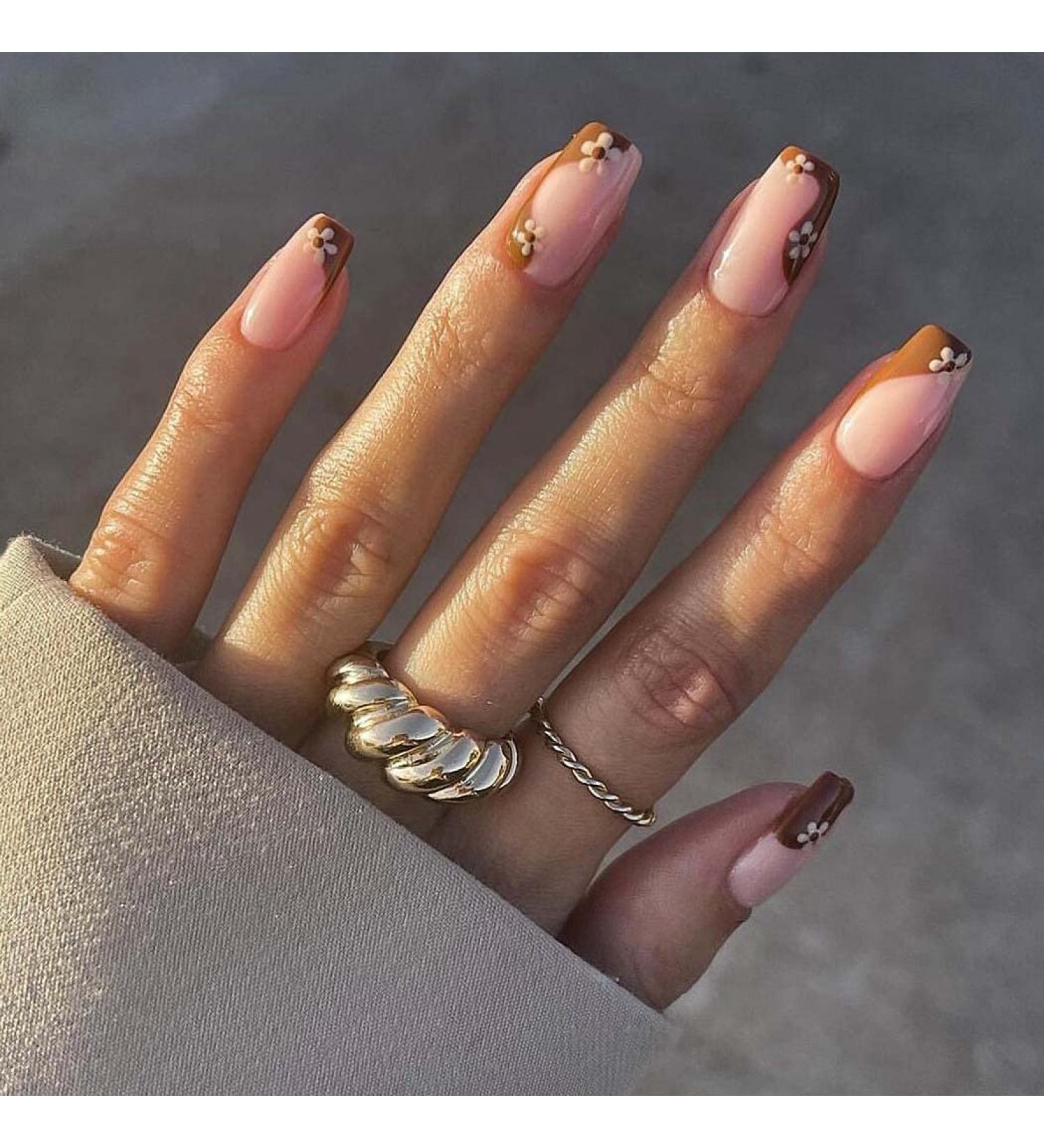 Sethexy French Short Square Glossy False Nails - 24Pcs Autumnal Brown Acrylic Stick on Nail Tips - Buy Online on GoSupps.com