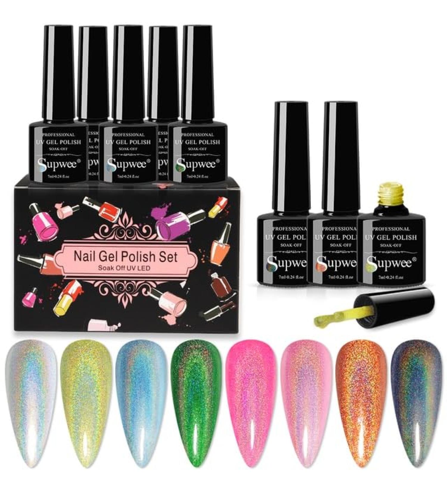 8pcs Giltter Gel Nail Polish Set Holographic for Manicure Semi Permanent Soak Off UV Laser Shining Gel Varnish Nail Art - (Color: LS-8PCS) - Buy Online on GoSupps.com