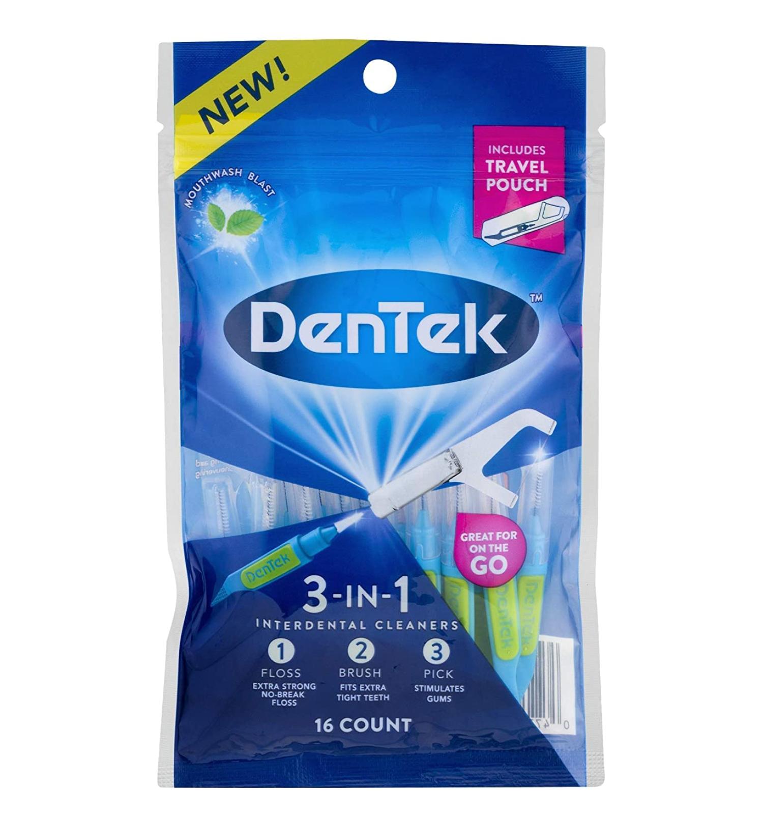 Dentek 3-in-1 Interdental Cleaners - Floss, Brush, Pick with Travel Pouch | 16 Count (Pack of 1) - Buy Online on GoSupps.com