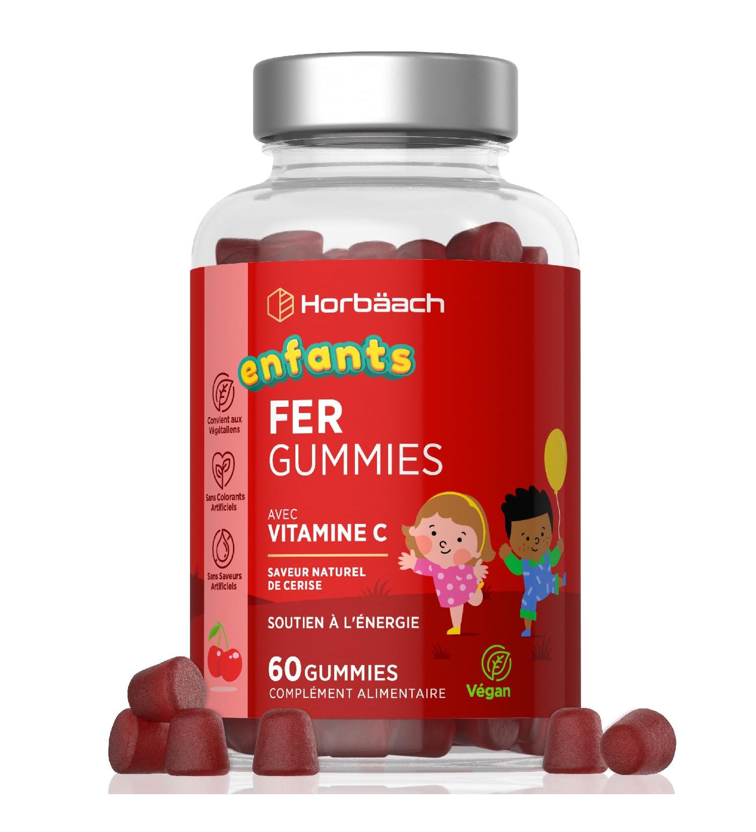 Iron Gummies Kids 7mg with Vitamin C | 60 Vegan Gummies Cherry Flavor | Iron Supplement Food Supplement | Iron Supplement + Vitamin C for Kids | by Horbaach - Buy Online on GoSupps.com