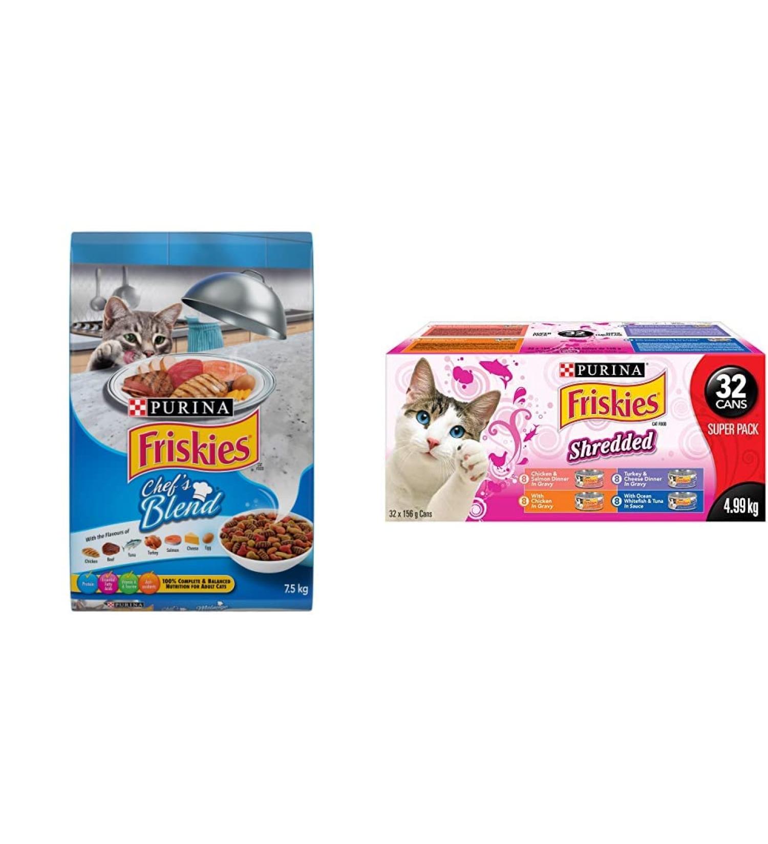 Friskies Chef's Blend Dry Cat Food (7.5 kg Bag) + Friskies Purina Shredded Super Pack Cans (156 g Pack of 32) Cat Food + Super Pack Cat Food - Buy Online on GoSupps.com