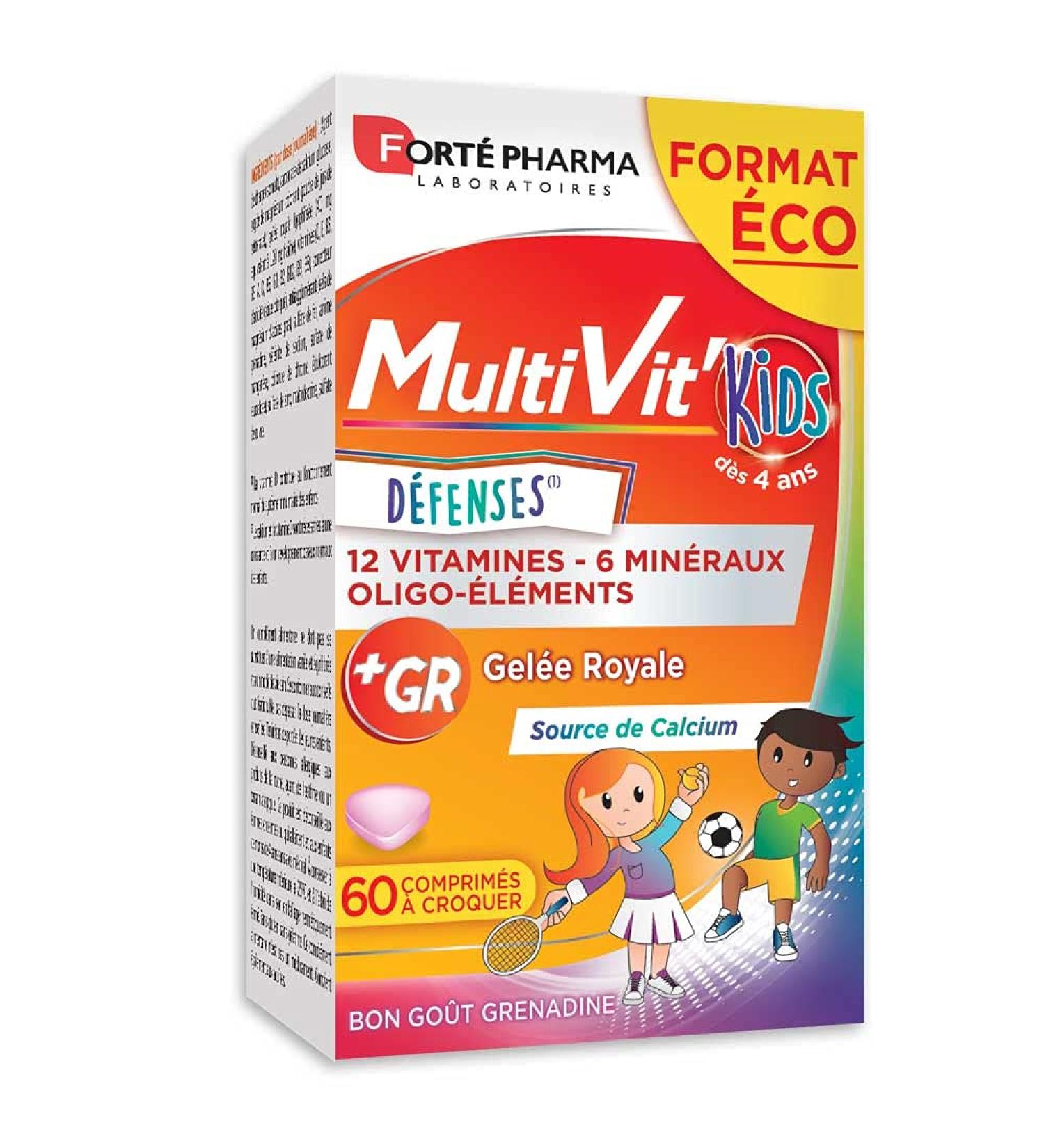 Fort Pharma - Multivit Kids | Food Supplement Form - Tonus - Ages 5+ - 12 Vitamins 7 Minerals - Royal Jelly Calcium Vitamin C | 60 Chewable Tablets - Buy Online on GoSupps.com