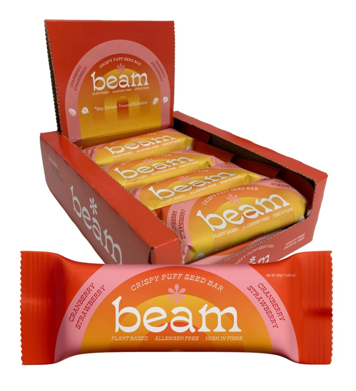 HEALTHY SNACK BARS BY BEAM | Crispy Seed Based Bar Cranberry Strawberry | Nut free Gluten Free Dairy Free Top 14 Allergen Free | High Fibre | Plant-based Snack | (12 x 30g bars) | 118 calories - Buy Online on GoSupps.com
