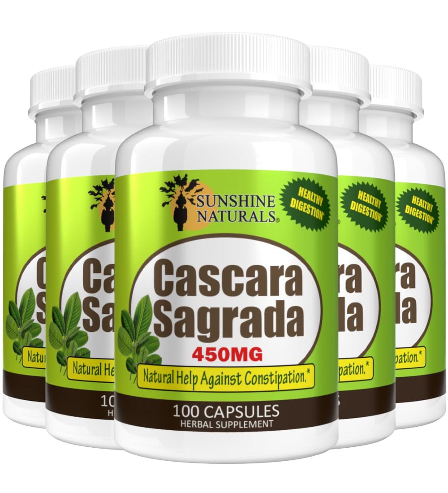 Sunshine Naturals Cascara Sagrada 450 Mg Herbal Digestive Support & Gentle Laxative for Occasional Constipation Natural Colon Cleanse 100 Capsules Made in USA Pack 5 - Buy Online on GoSupps.com