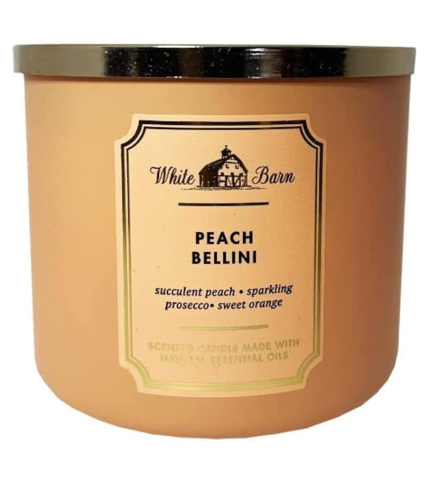 Bath and Body Works White Barn 3-Wick Candle w/Essential Oils - 14.5 oz - 2021 Core Scents! (Peach Bellini) Peach White
