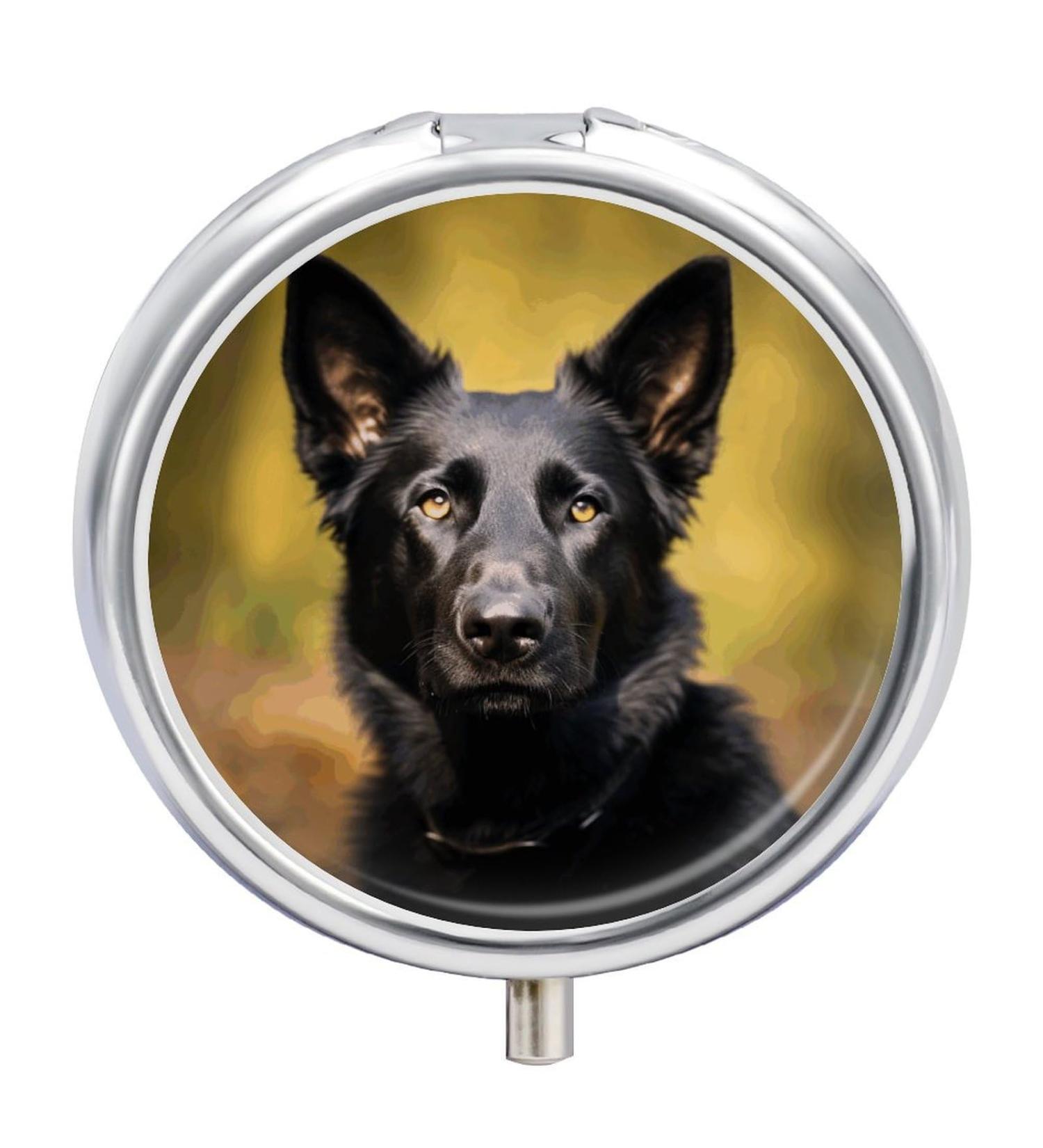 Round Pill Box - Black German Shepherd Dog Print | 3 Compartment Portable Medicine Organizer - Decorative Metal Pocket Pill Case - Buy Online on GoSupps.com