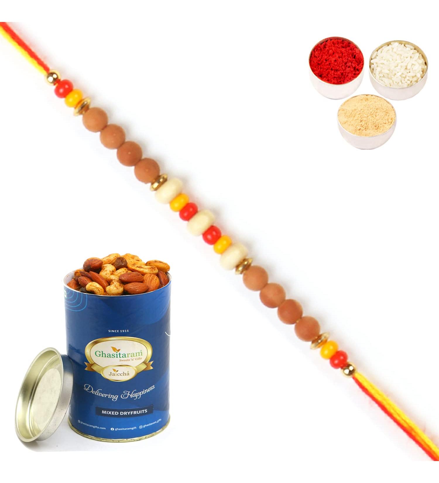 Ghasitaram Gifts Rakhis Online for Brother- 6082 Rakhi Thread with 100 GMS of Dryfruits Mix Can Rakhi with 100 gms of Dryfruits Mix Can - Buy Online on GoSupps.com