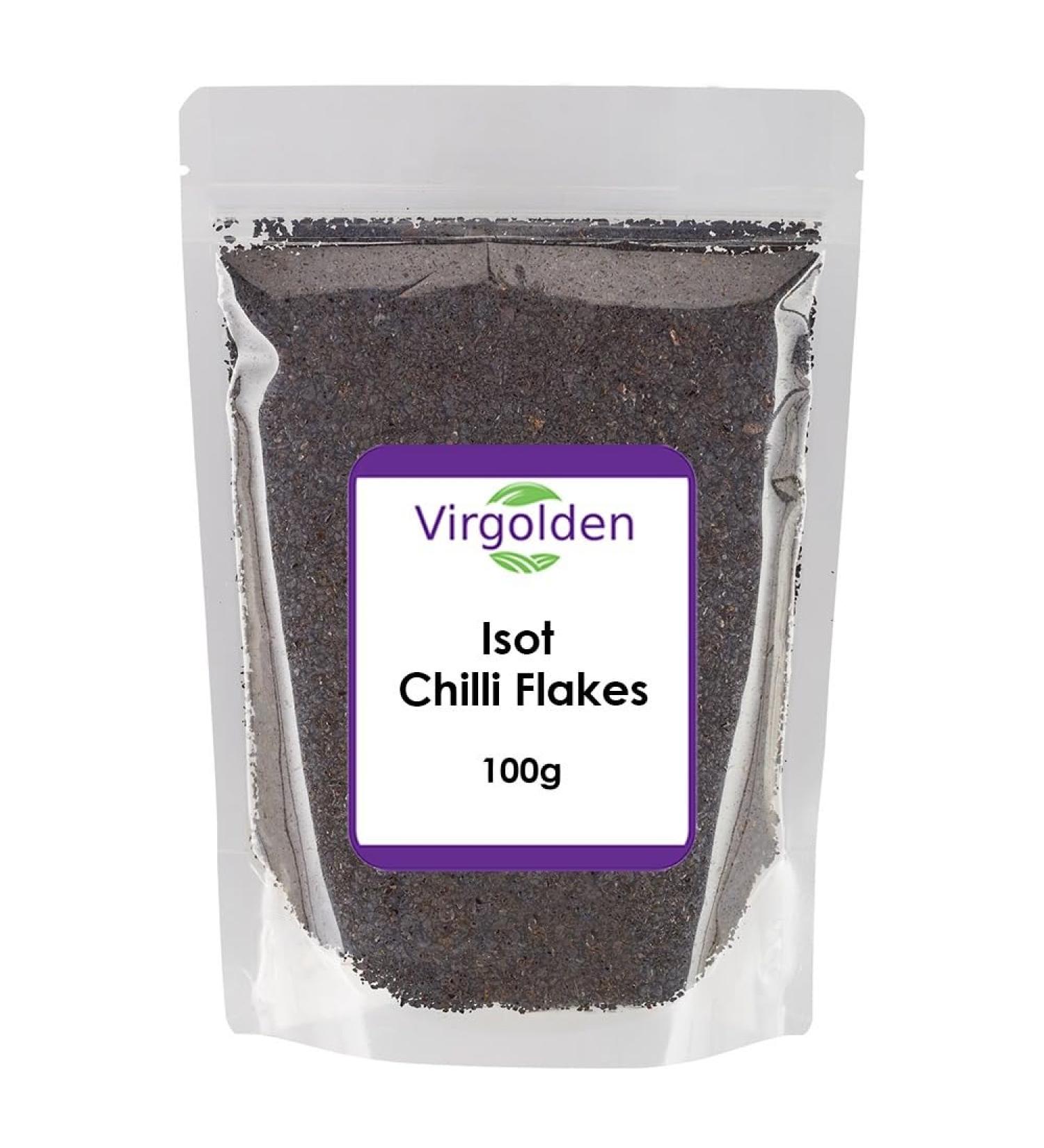 Isot Chilli Flakes 100g Turkish Black Chilli Pepper Flakes by Virgolden - Urfa Pepper Mildly Hot Gourmet Choice Smoky Good for Marinade Meat & Chicken - Buy Online on GoSupps.com