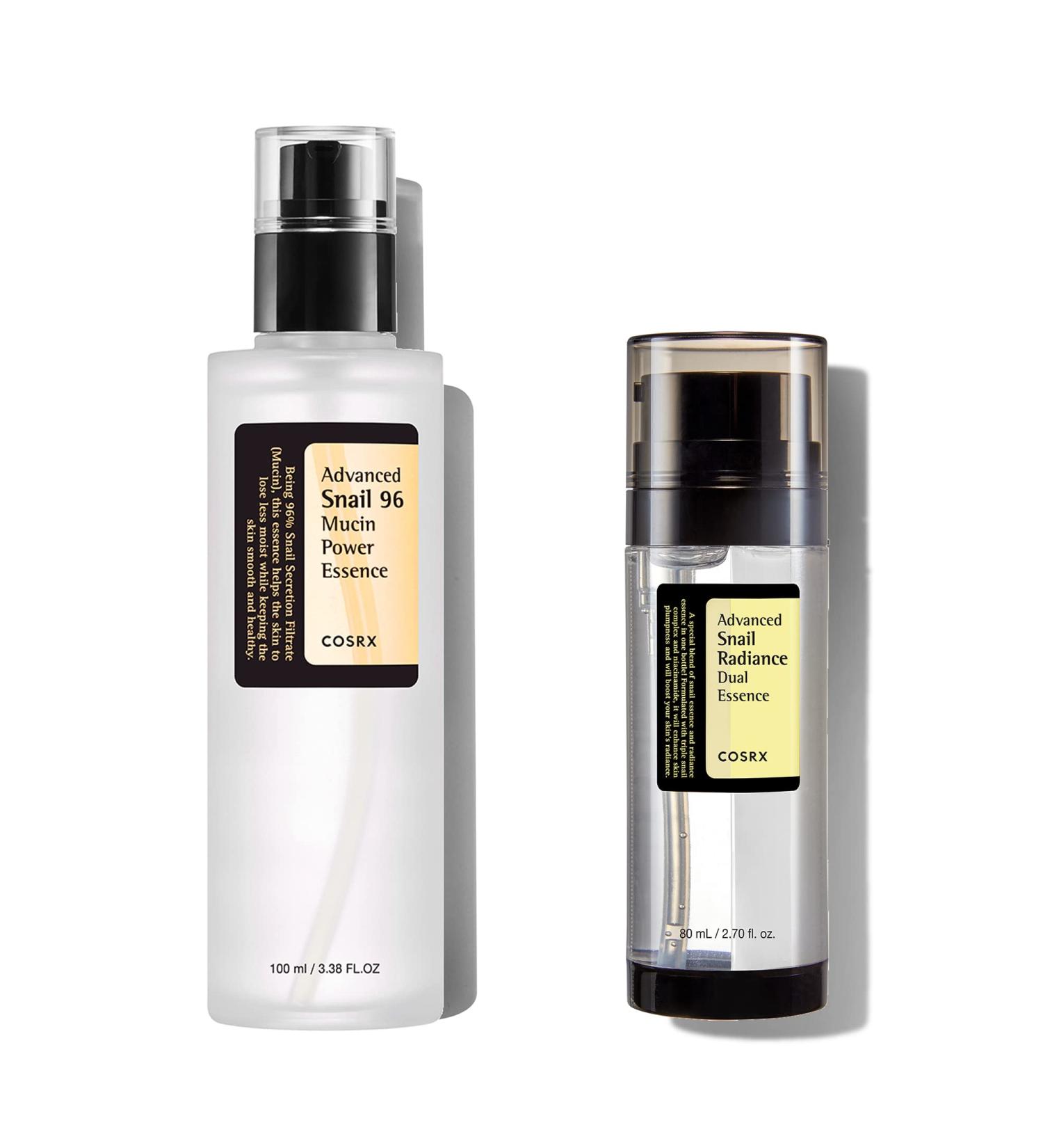 COSRX Snail Essence Duo - Hydrating Snail Mucin 96% Essence + Niacinamide for Dark Spots | Korean Skincare for Anti-Aging & Hydration | Skin Cycling Routine - Buy Online on GoSupps.com
