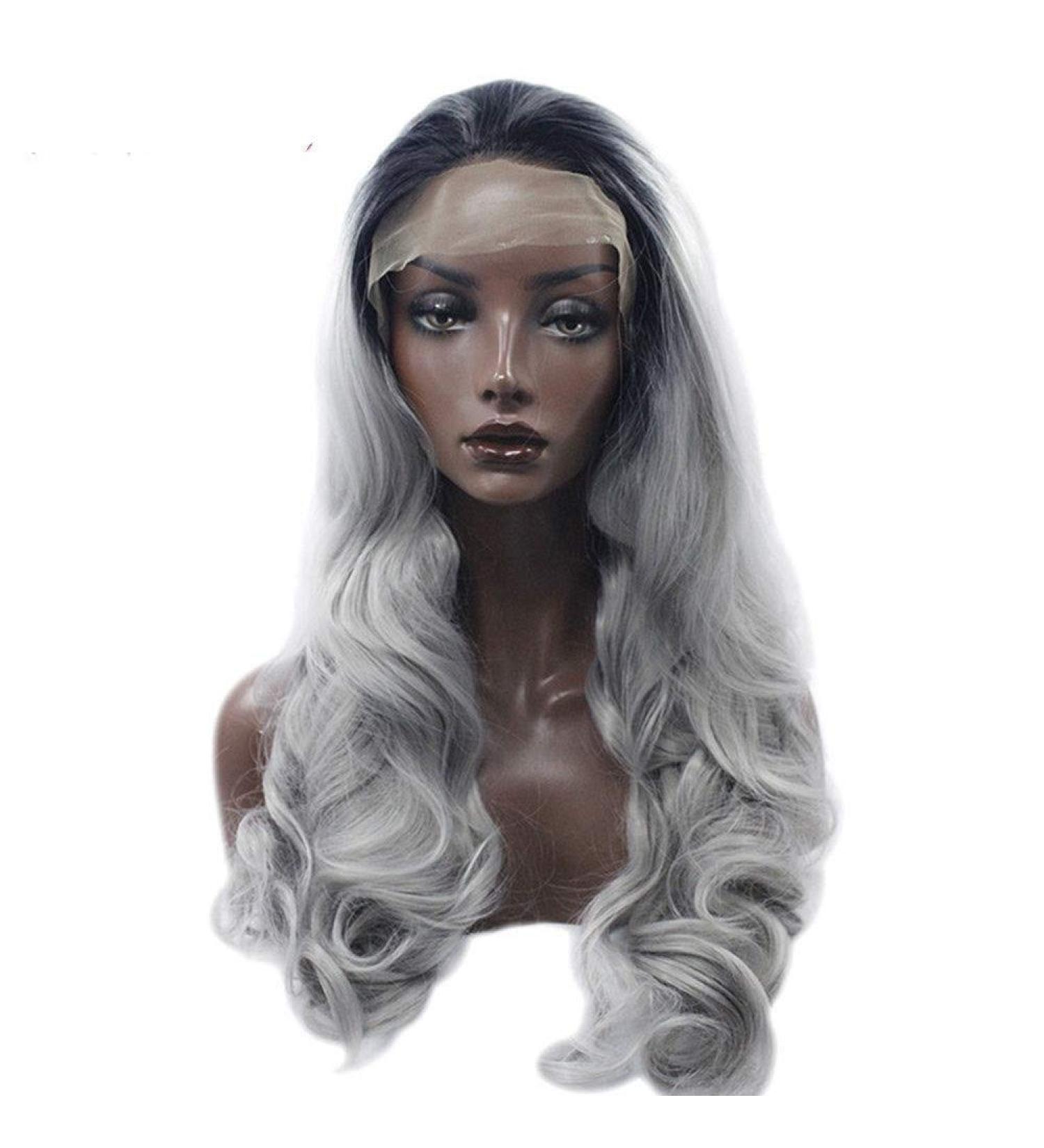 BGHJUE Silver Grey Black Lace Front Wig - 22 Long Wave Synthetic Wig for Women - Buy Online on GoSupps.com