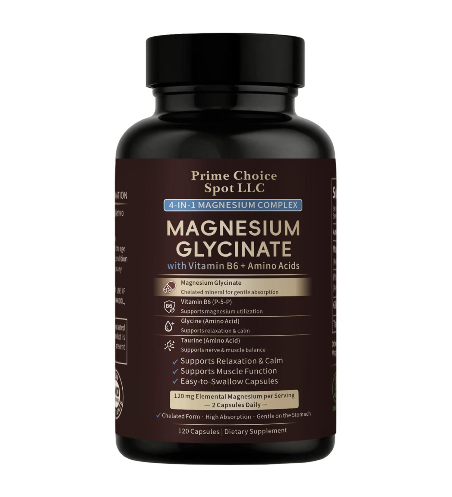 Magnesium Glycinate Supplement Chelated Magnesium with Glycine Taurine & Vitamin B6 (P-5-P) Gentle Non-Laxative Formula 120 Capsules - Buy Online on GoSupps.com
