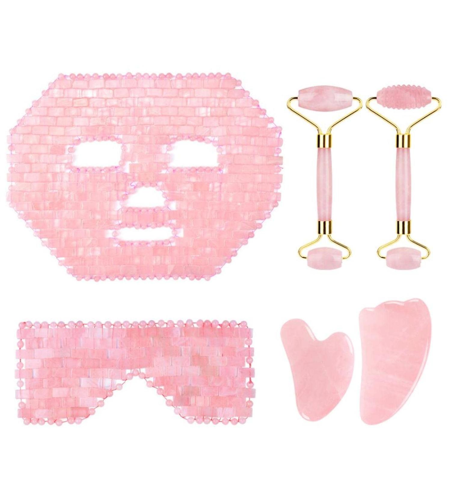 BAYDE Rose Quartz Roller & Gouache Face Eye Mask Set - 6-in-1 Natural Crystal Facial Care Tool for Face Lifting & Anti-Wrinkle - Buy Online on GoSupps.com