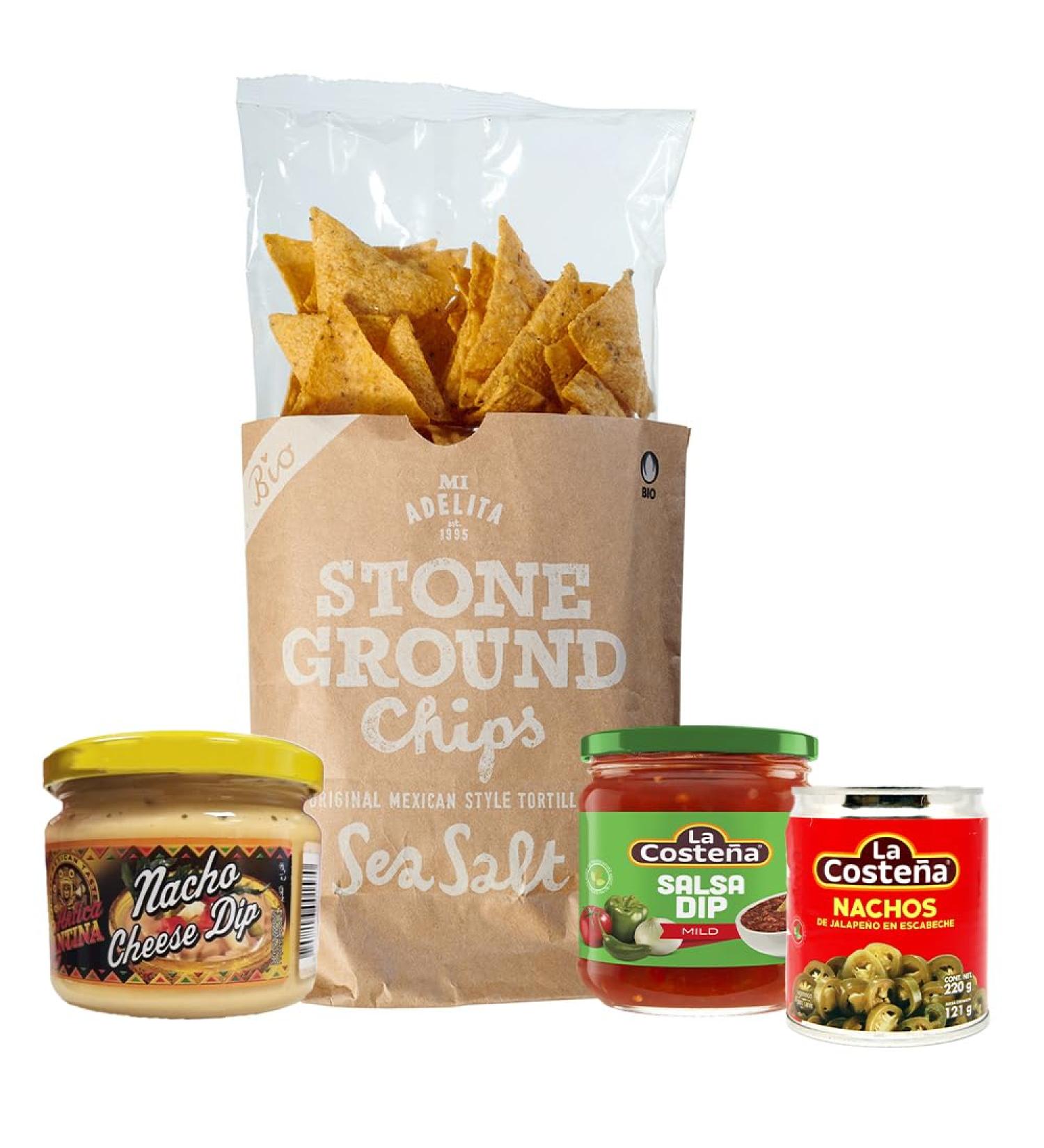Nacho Kit/Mexican Nachos Stone Ground Tortilla Chips Creamy Cheese Sauce Dip Mild Red Salsa Sauce and Nacho Jalapeno Slices - Buy Online on GoSupps.com