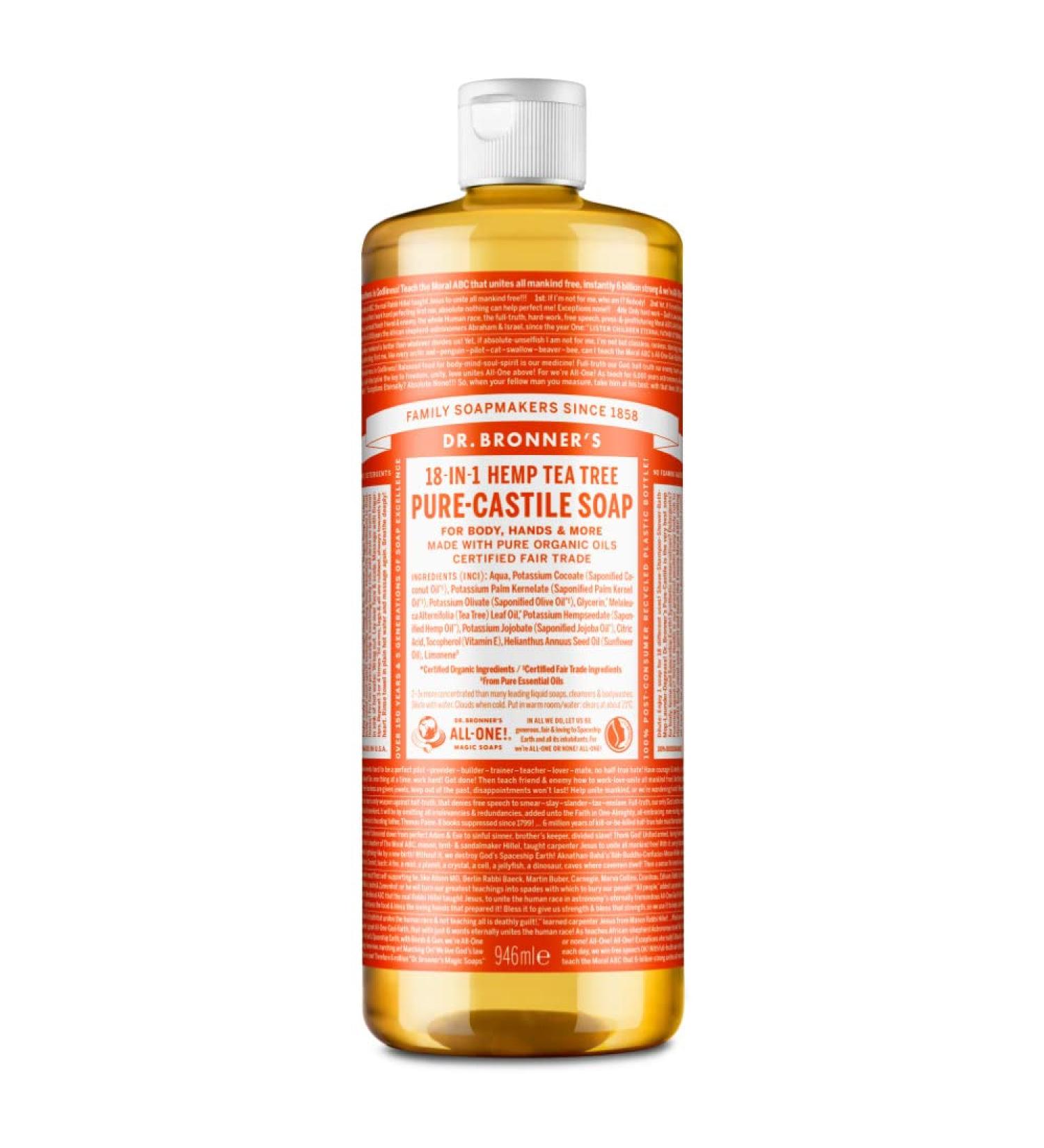 Dr Bronner's 18-in-1 Pure Castile Liquid Soap Made with Organic Oils Used for Face Body Hair Laundry Pets and Dishes Certified Fair Trade & Vegan Friendly 946ml Recycled Bottle Tea Tree 946ml