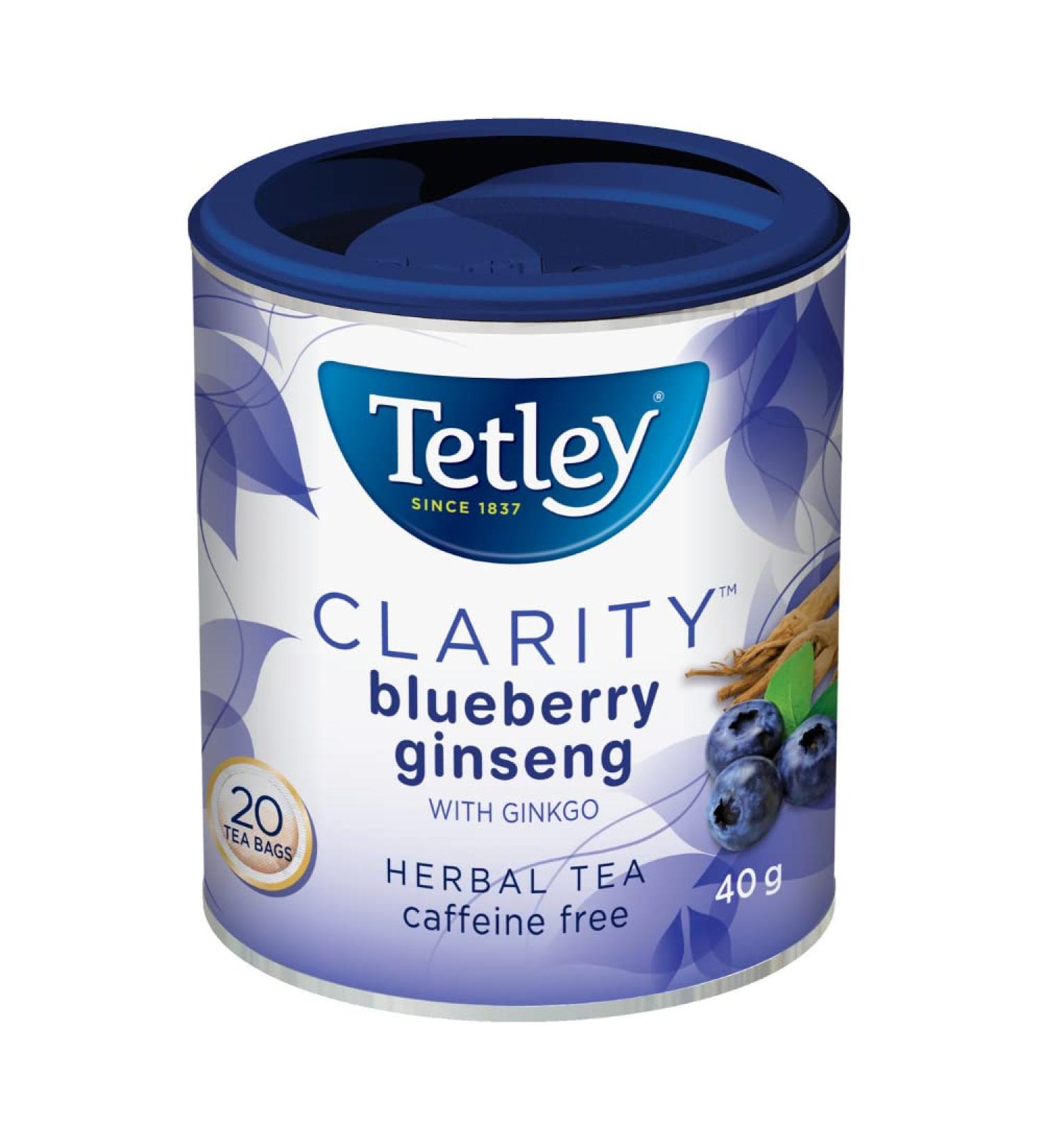 Tetley Clarity Blueberry Ginseng with Ginkgo Herbal Tea - 20 Tea Bags 40 Grams Naturally Caffeine Free BlueberryGinseng - Buy Online on GoSupps.com