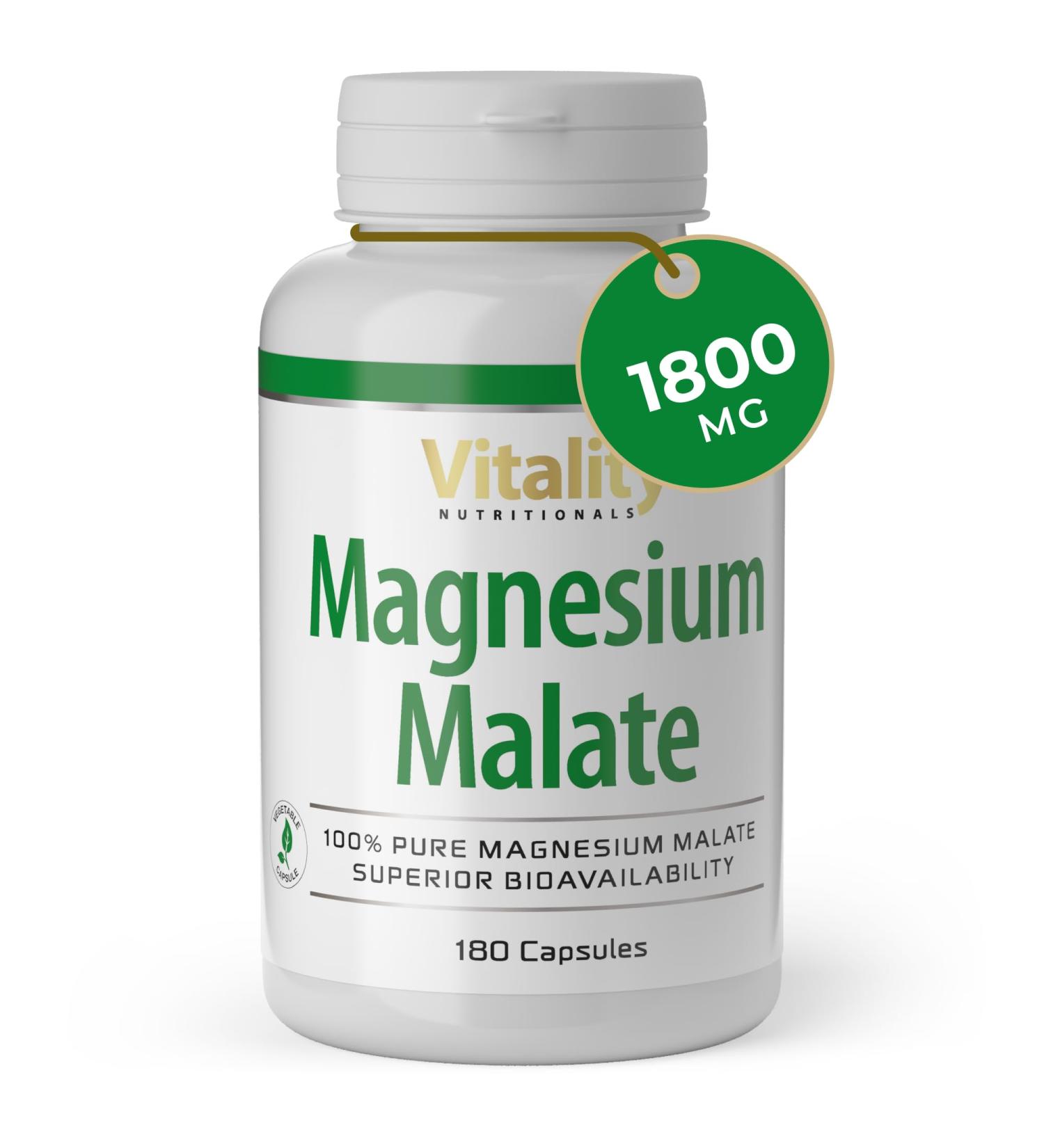 Magnesium Malate 360 mg per day. Helps reduce fatigue and exhaustion muscle function and protein synthesis. Vitality Nutritionals by VitaminExpress. - Buy Online on GoSupps.com