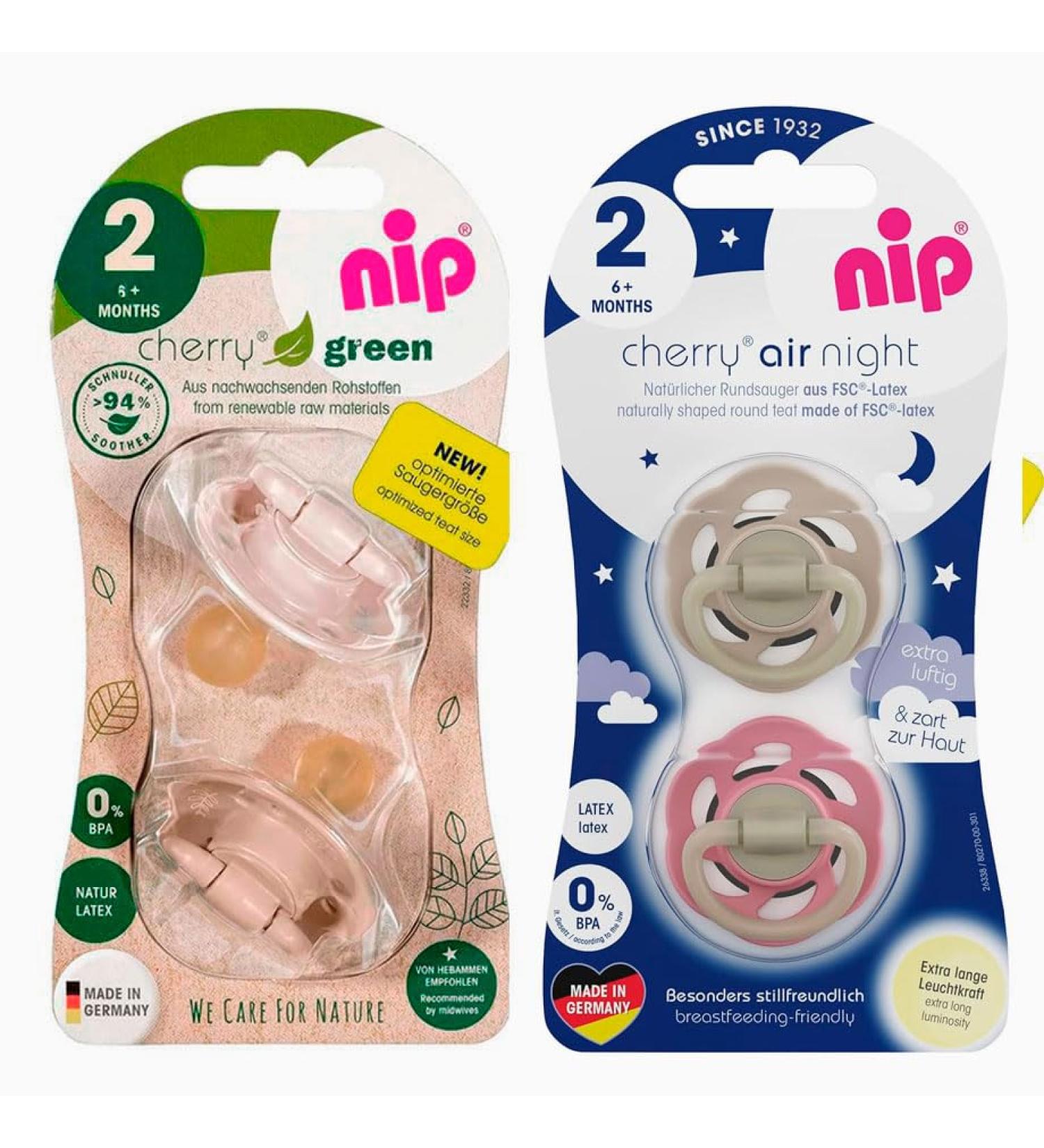 NIP Cherry Round Teat Pacifier Set - 4 Pieces (Size 2 6 Months+) in Green & Luminous Night - International Shipping Available - Buy Online on GoSupps.com