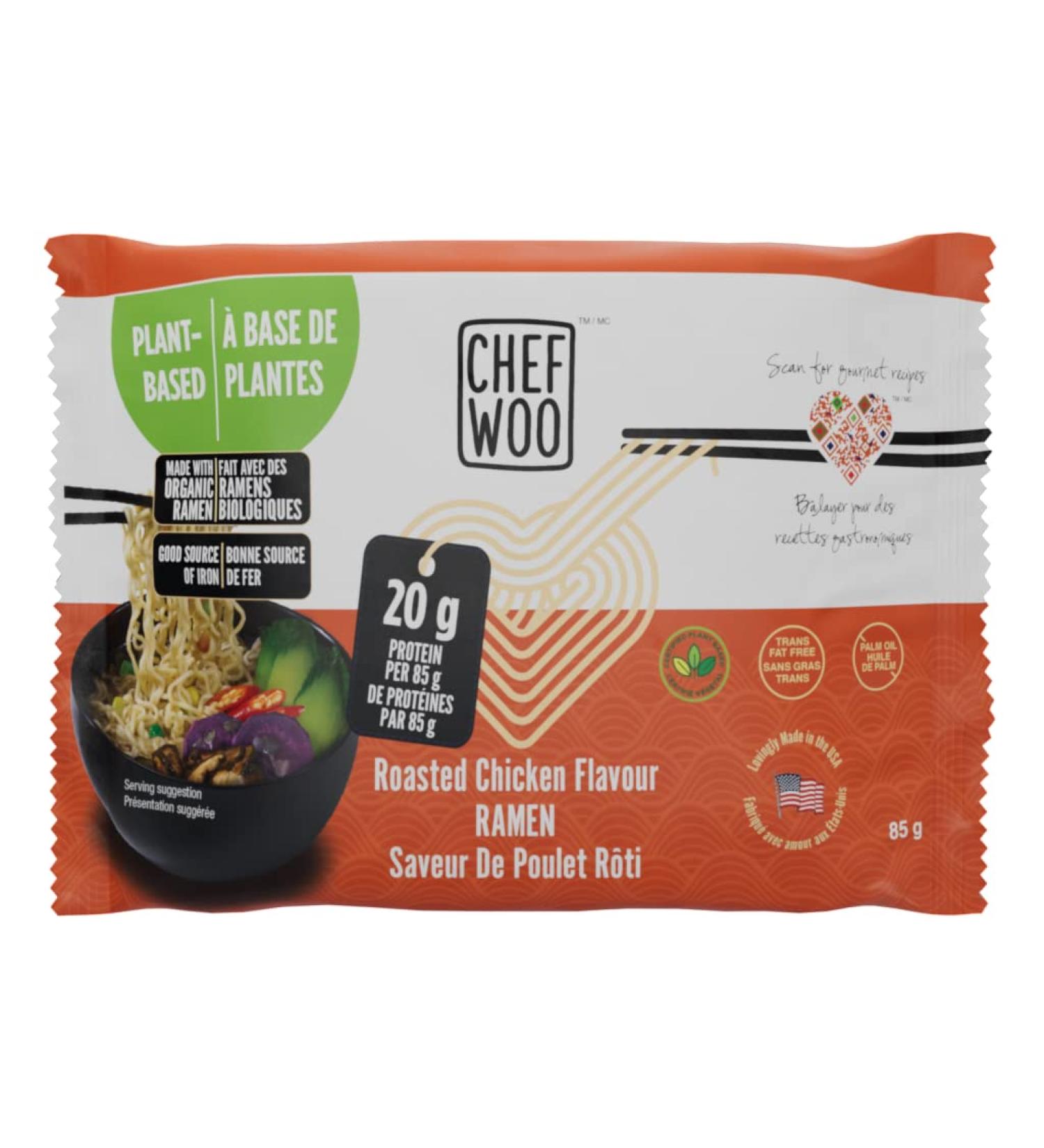 CHEF WOO ROASTED CHICKEN PILLOW FLAT PACK (PACK OF 24) | Made with Organic Ramen Noodles | Plant Based Protein | Certified Vegetarian Vegan Kosher Halal | Made with better for you ingredients| Amazing flavour - Buy Online on GoSupps.com