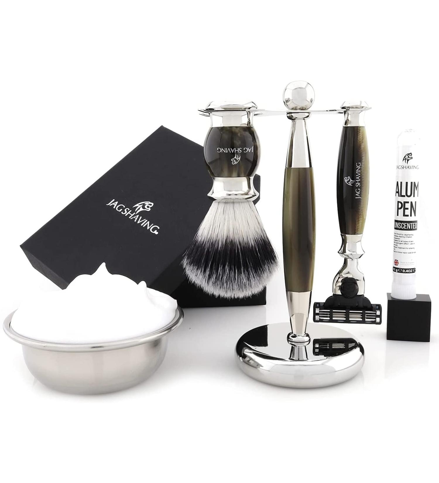 JAG Shaving Razor Set - Premium 4-Part Shaving Kit | Lee Range - Synthetic Silver Brush 3 Blades Shaving Stand - Green Horn Imitation Color - Perfect for International Shipping - Buy Online on GoSupps.com