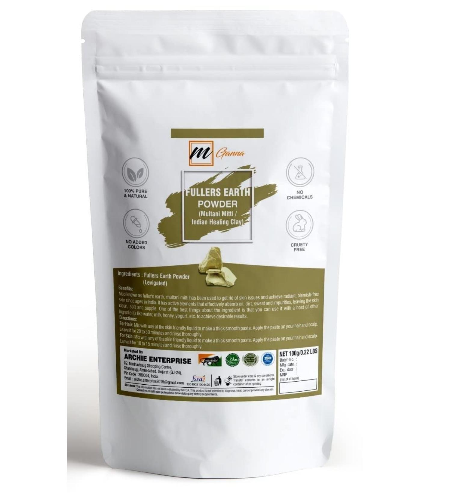 mGanna 100% Natural Purified Multani Mitti 100 g / 0.22 lbs Fullers Earth Clay Powder Cosmetic Grade | Natural Face Mask - Buy Online on GoSupps.com