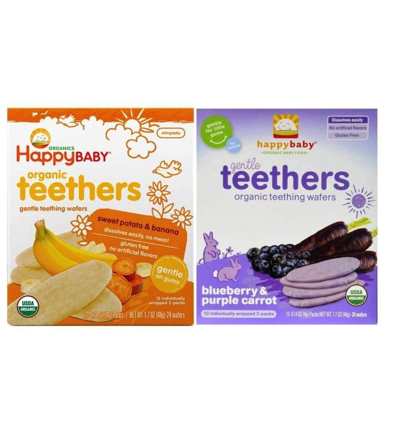 Happy Baby Organic Teethers 2 Flavor Bundle: (1) Sweet Potato & Banana Teething Wafers, and (1) Blueberry & Purple Carrot Teething Wafers, 1.7 Oz