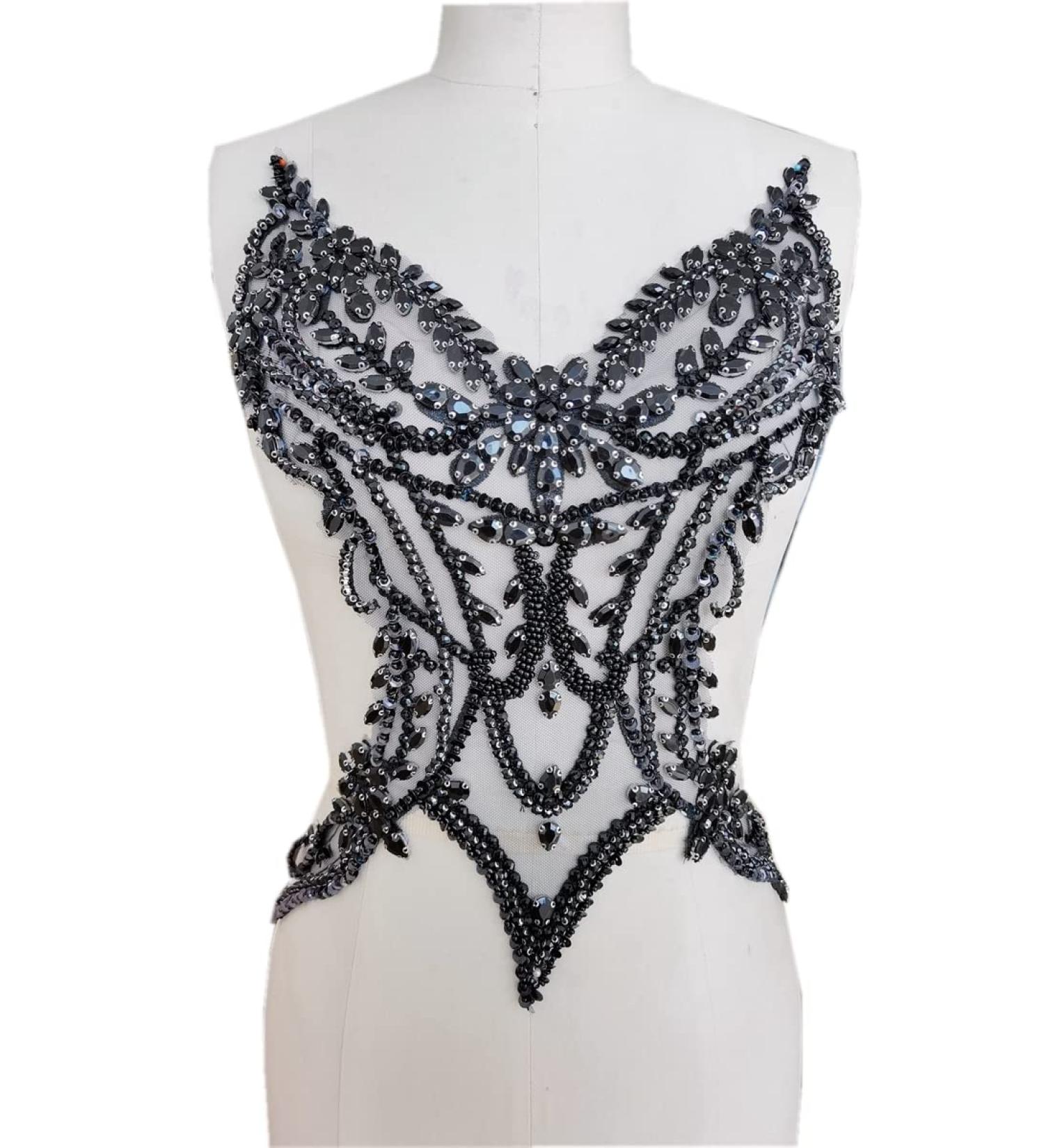 Handmade Rhinestones Lace Applique Sew on Beads Sequins Trim Patches - Black - Buy Online on GoSupps.com