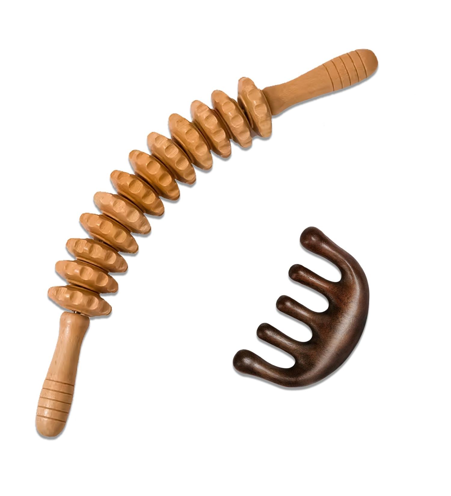 Natural Wooden Massage Roller with Handle - Curved Back Massager for Neck Legs & Body | International Shipping - Buy Online on GoSupps.com