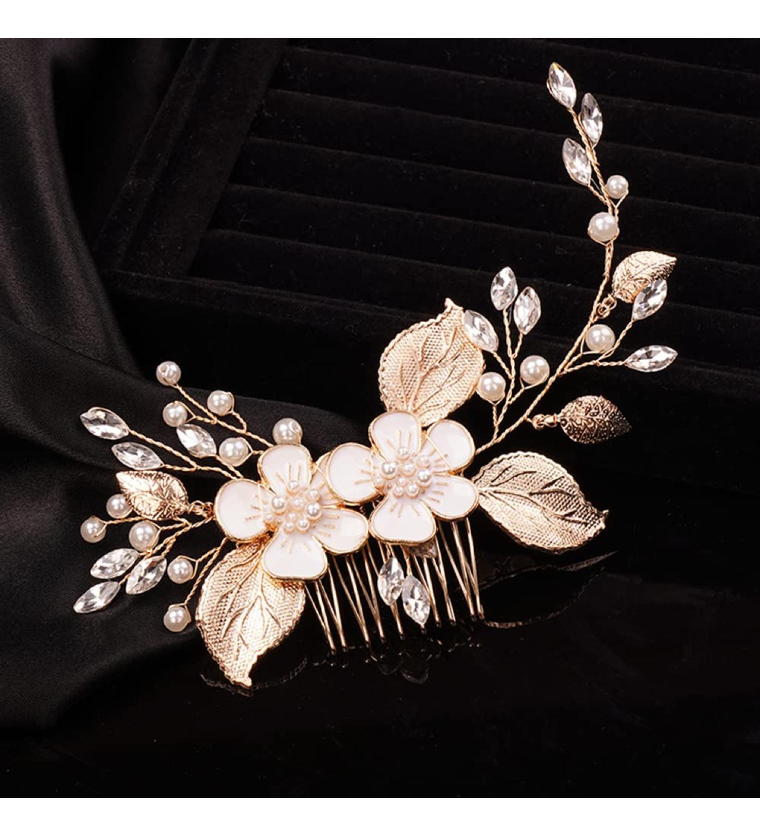 Teyglen Crystal Flower Leaf Bride Wedding Hair Comb - Gold Rhinestone Headband for Women - Bridal Hair Accessories - Buy Online on GoSupps.com