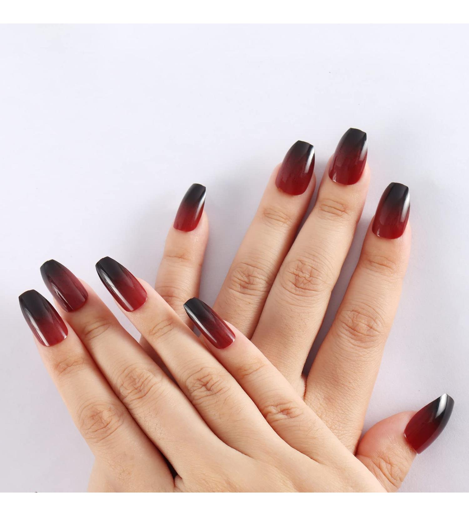 SIUSIO 24Pcs Medium Ombre Coffin Nails - Red Wine Full Cover Press On Nail Art Tips for Women and Girls - Buy Online on GoSupps.com