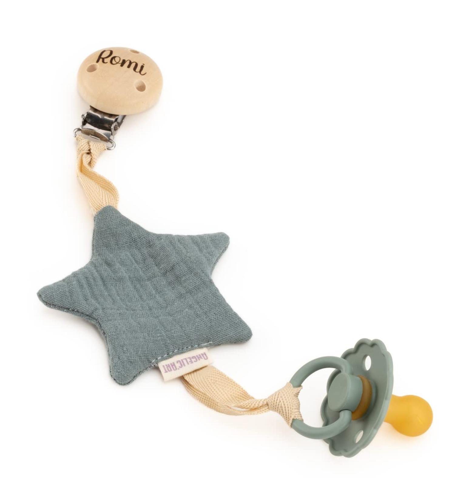 AngelicArt pacifier holder made of muslin star made of muslin fabric/cotton with attachment for pacifiers with engraving (dark mint star)