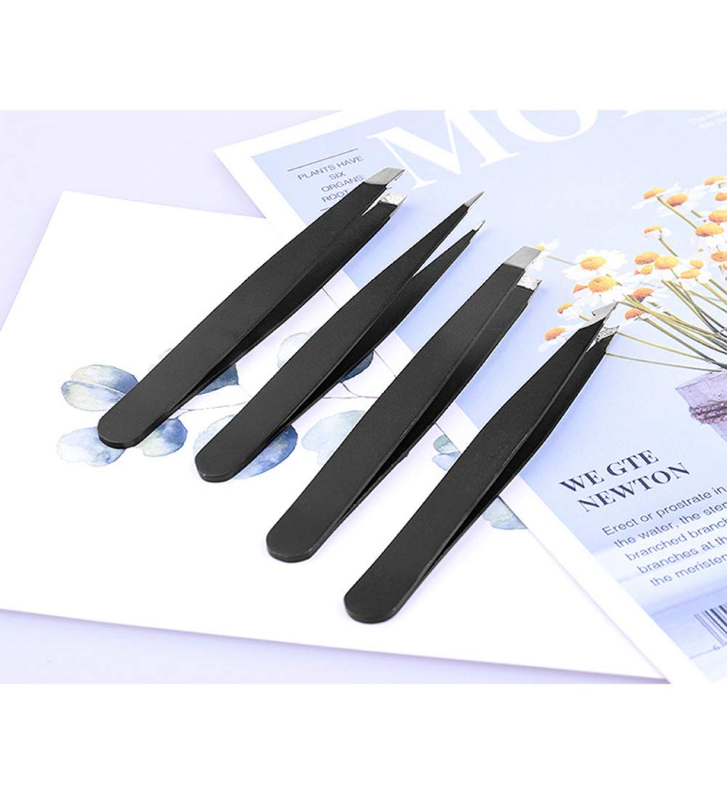4pcs Stainless Steel Eyebrow Tweezers Set - Hair Removal Tools with Travel Case (Black) | International Shipping - Buy Online on GoSupps.com