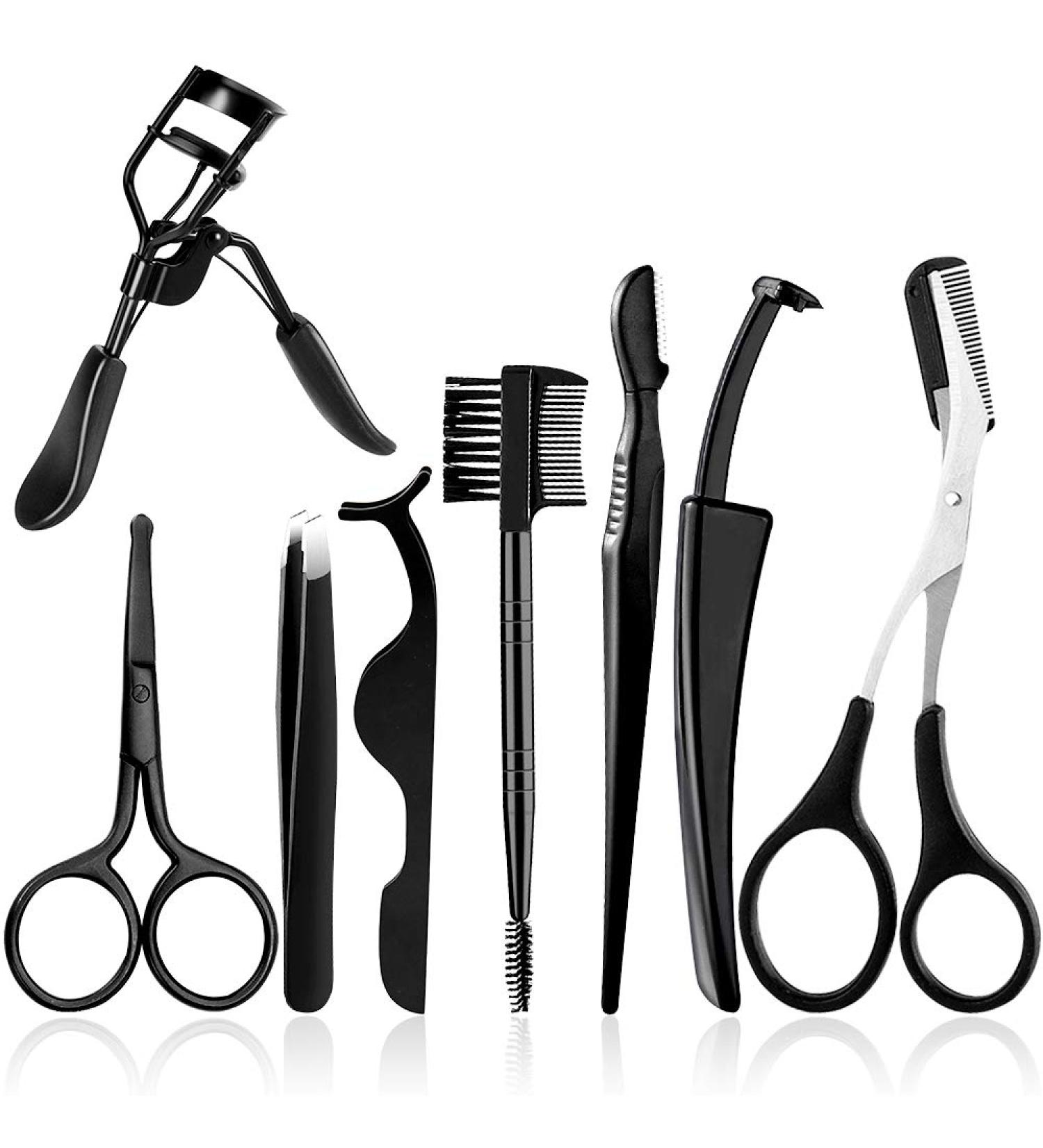 Eyebrow Grooming Set - 8 in 1 Eyebrow Razor, Scissors, Tweezer, Comb, Nose Hair Scissors, Eyelash Curler, False Eyelashes Applicator - EBANKU Eyebrow Tools Kit - Buy Online on GoSupps.com
