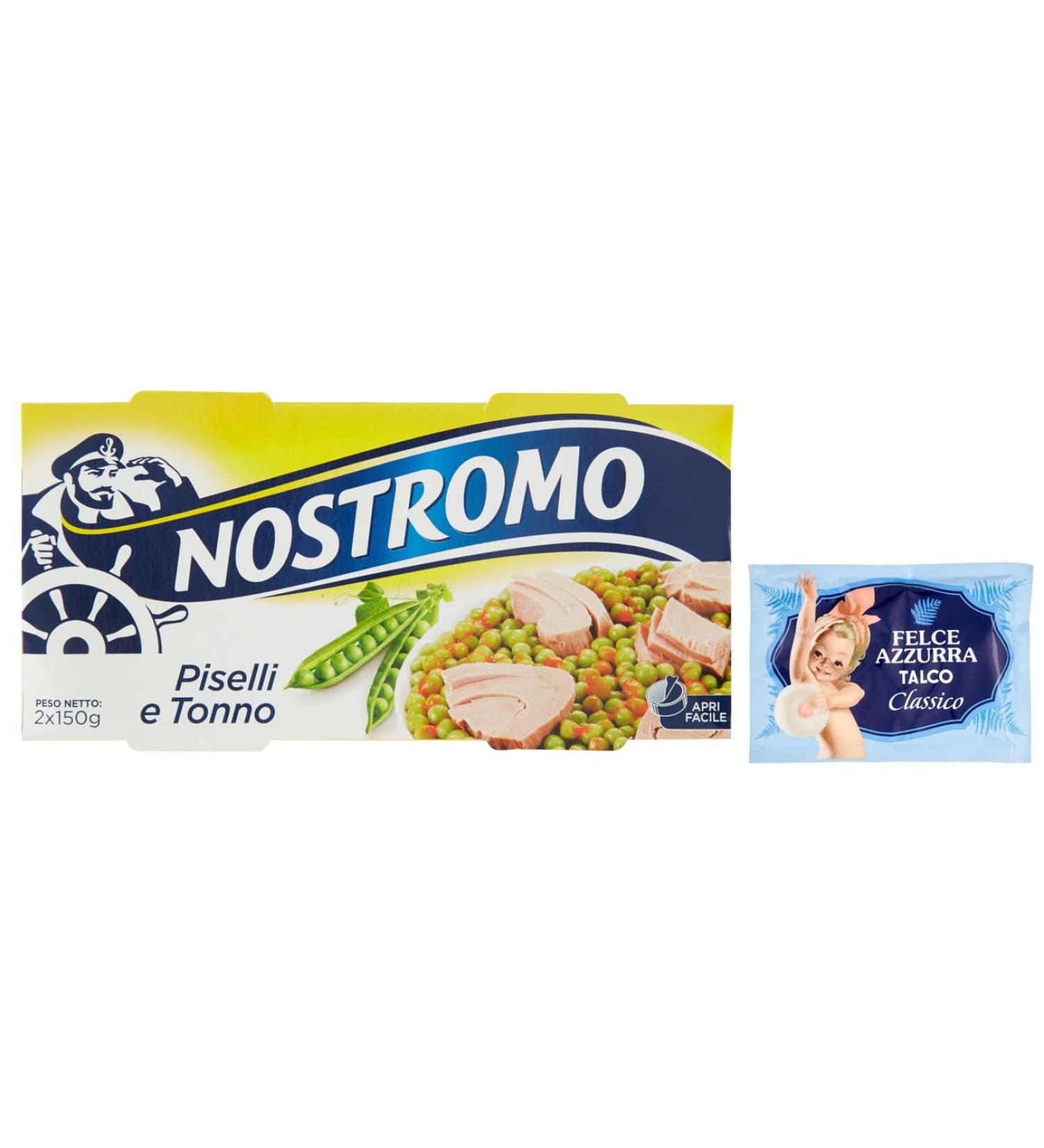 Nostromo Tonno e Piselli Set of 20 dishes prepared with tuna and small peas 2 x 150 g + 1 bag of free Felce Azzurra talcum powder bag of 100 g - Buy Online on GoSupps.com