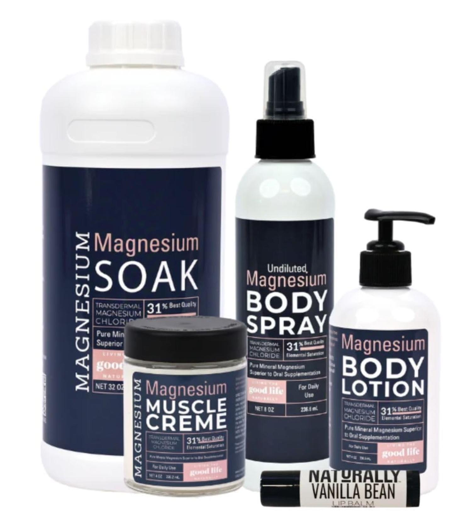 Magnesium Bundle - Magnesium Soak Body Lotion Muscle Cream and Topical Body Spray with a Vanilla Bean Lip Balm Organic Natural Pure (BOTTLE COLOR MAY VARY) - Buy Online on GoSupps.com