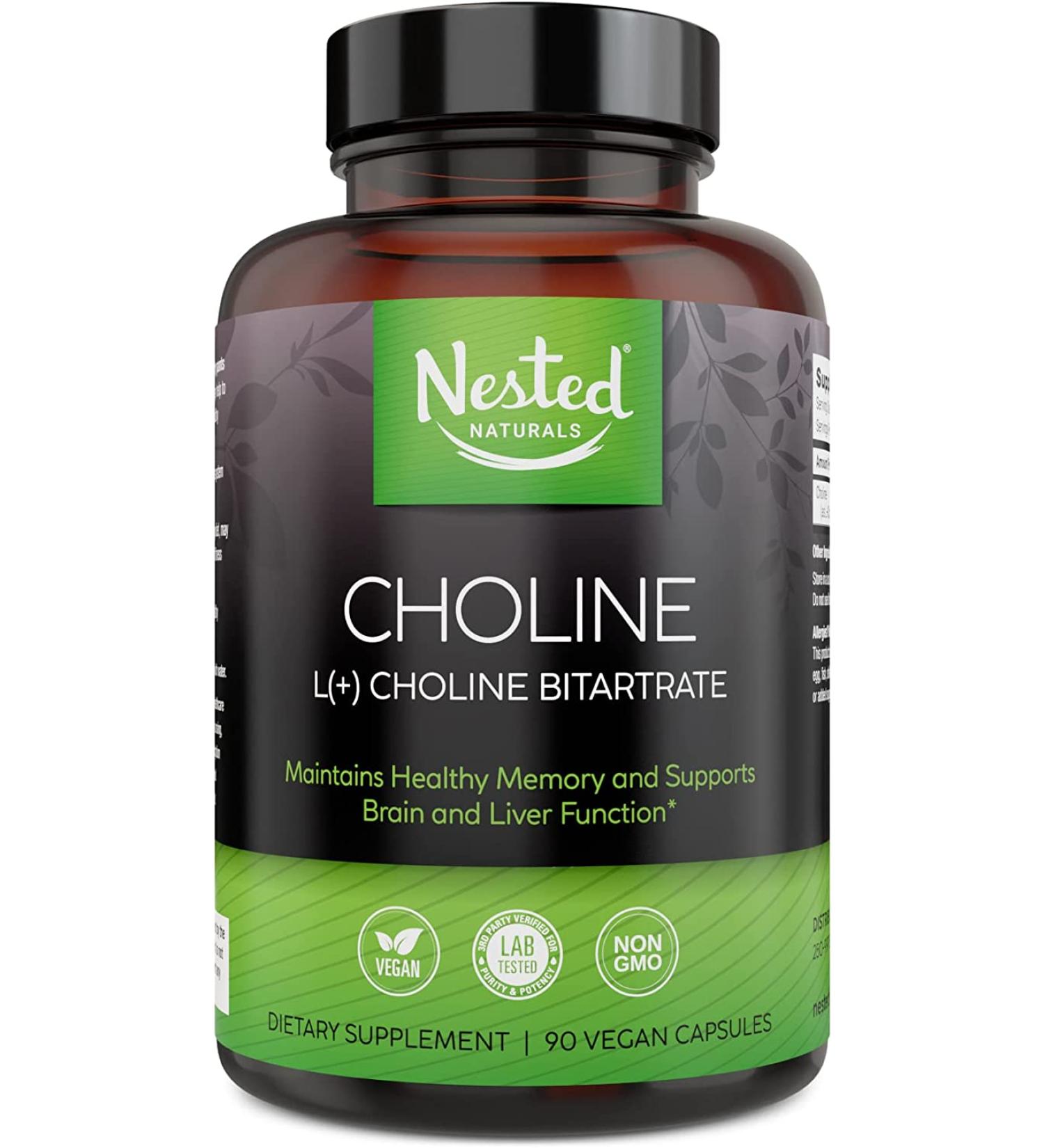 Nested Natural Choline Bitartrate 500mg - Boost Mental Focus & Memory - 90 Capsules - Buy Online on GoSupps.com