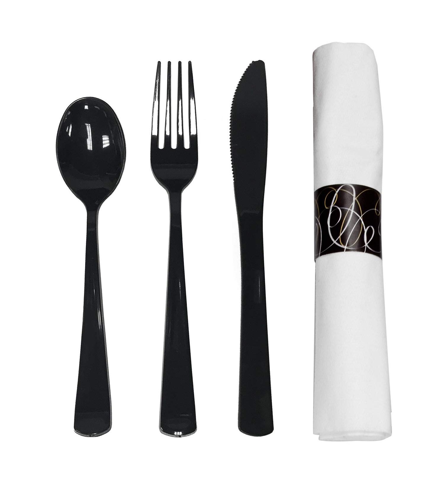 Party Essentials Disposable Silverware Set - Pre Rolled Napkin and Cutlery - Black - 50 Units - Buy Online on GoSupps.com
