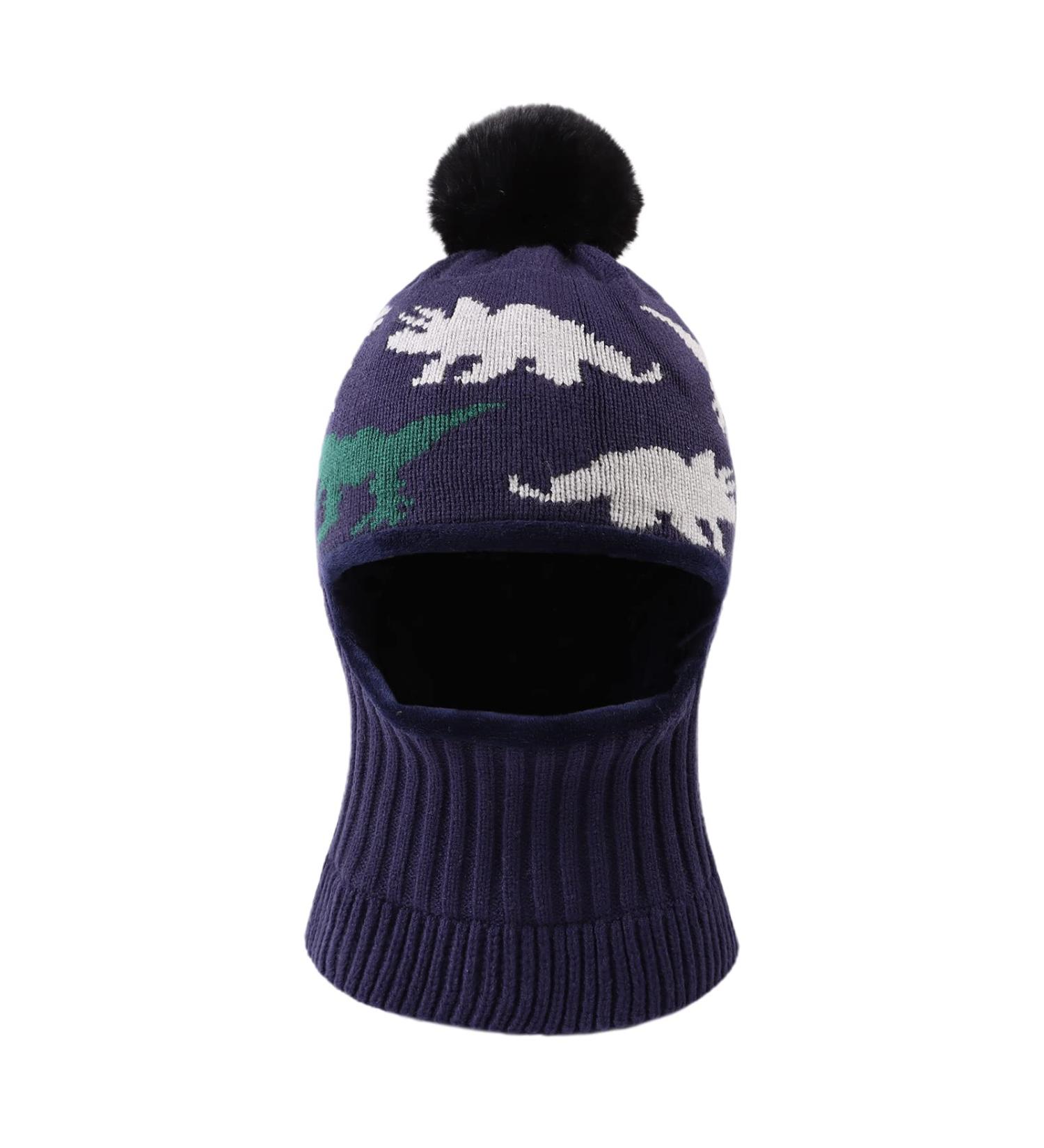 XIAOHAWANG Kids Winter Hood Hat with Earflaps and Fleece Lining - Navy Dinosaur Design | Ages 3-10 - Buy Online on GoSupps.com