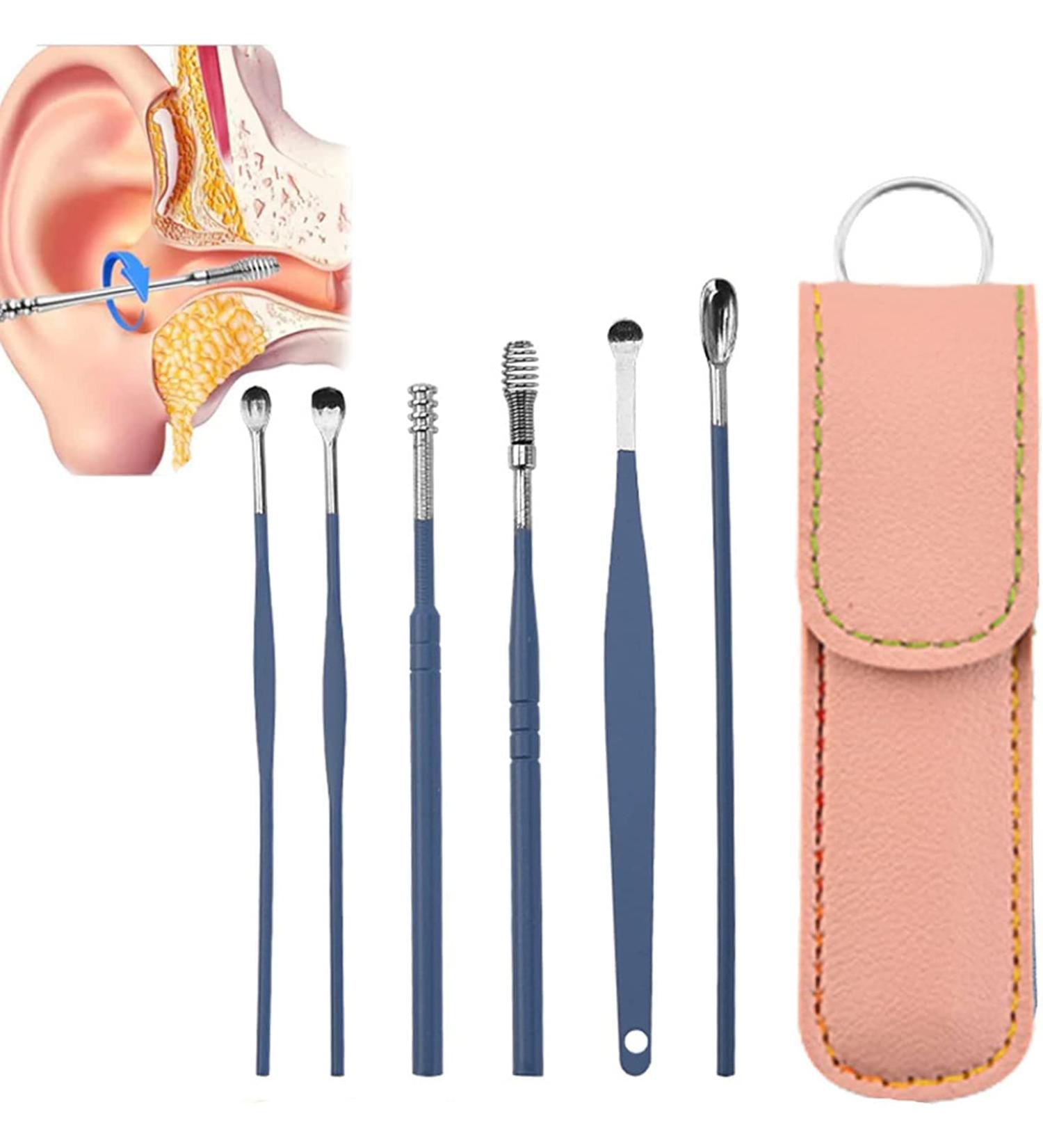 Skyrro Ear Wax Cleaner Kit - 6pcs Stainless Steel Ear Pick Set with Pu Leather Case (Pink) - Buy Online on GoSupps.com