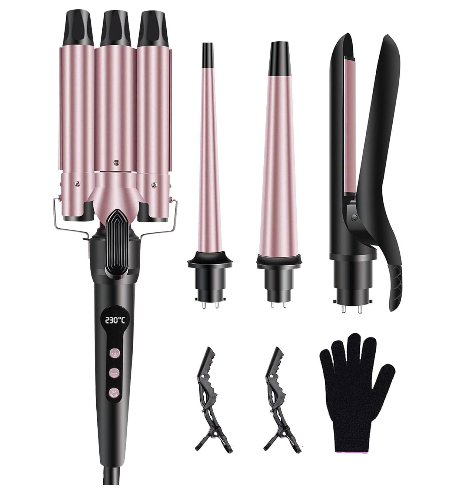 4 in 1 Curling Iron - 3 Barrel Hair Waver & Flat Iron with Interchangeable Ceramic Wand | Fast Heat & Adjustable Temp - Perfect for All Hair Types - Buy Online on GoSupps.com