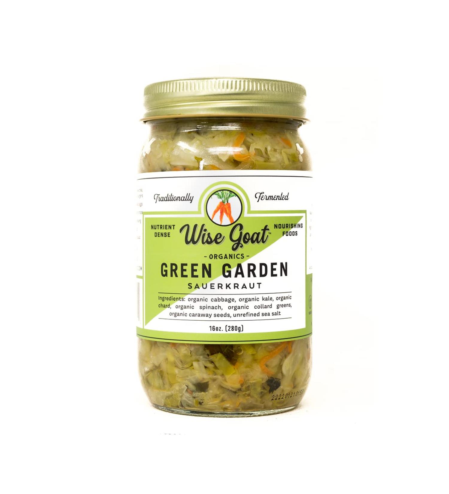 Raw Organic Sauerkraut, "Green Garden" Variety, 16 Oz Glass Jar